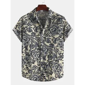 Men Cotton Ethnic Pattern Floral Print Oriental Short Sleeve Shirts