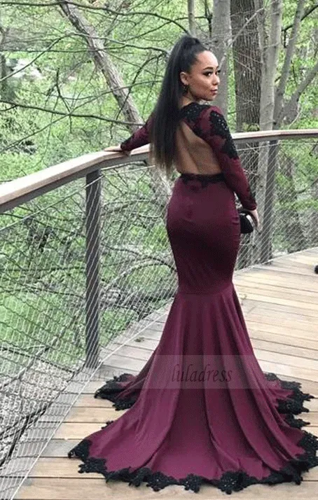 Mermaid Prom Dresses,Black Appliqued Long Sleeves Evening Dresses