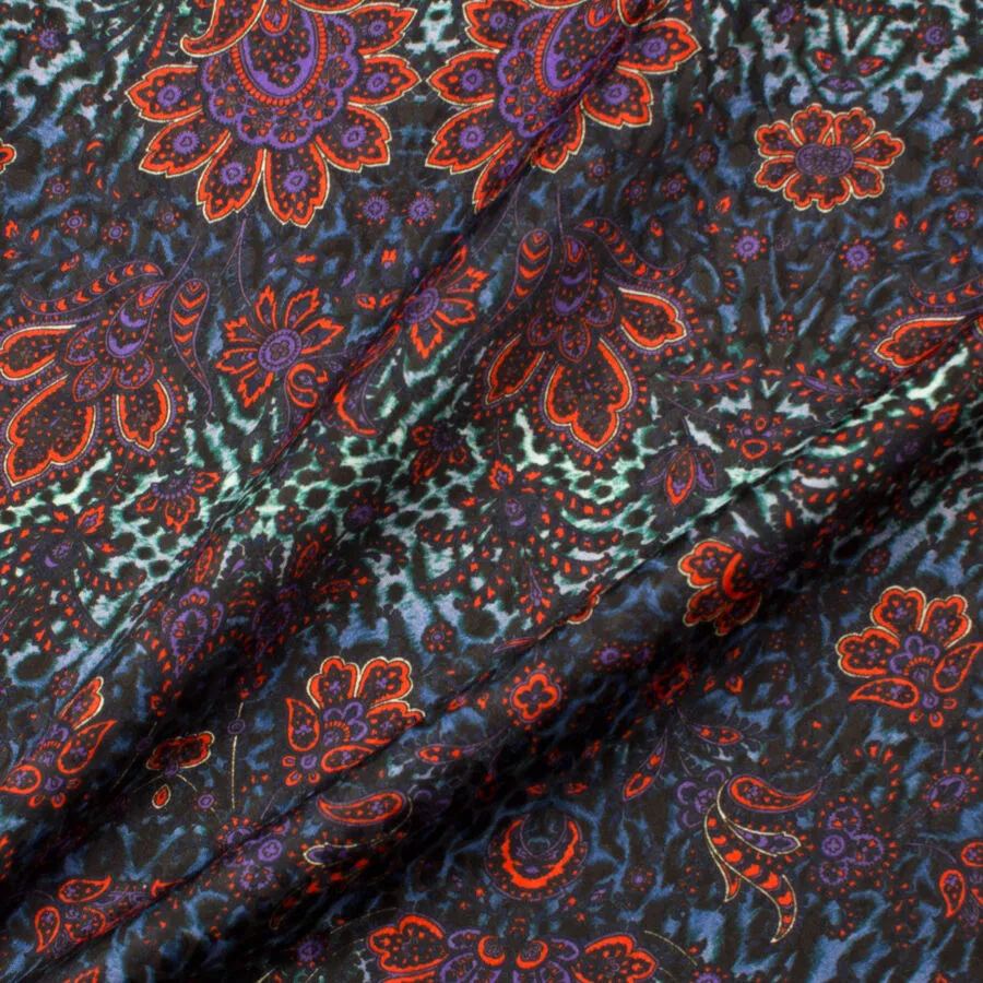 Orange Floral Animal Printed Silk Jacquard