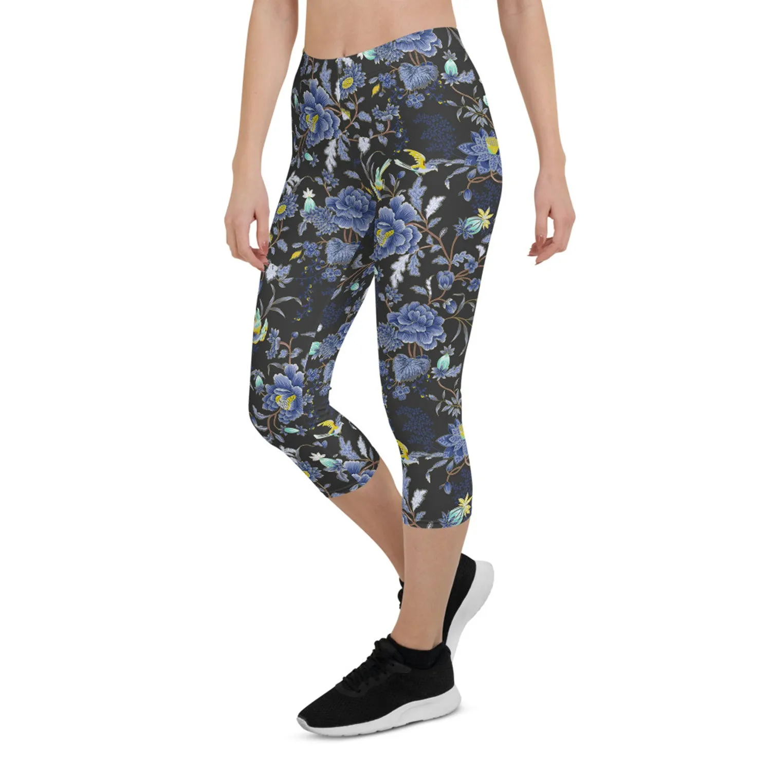 Oriental Floral Capri Leggings on Dark Gray