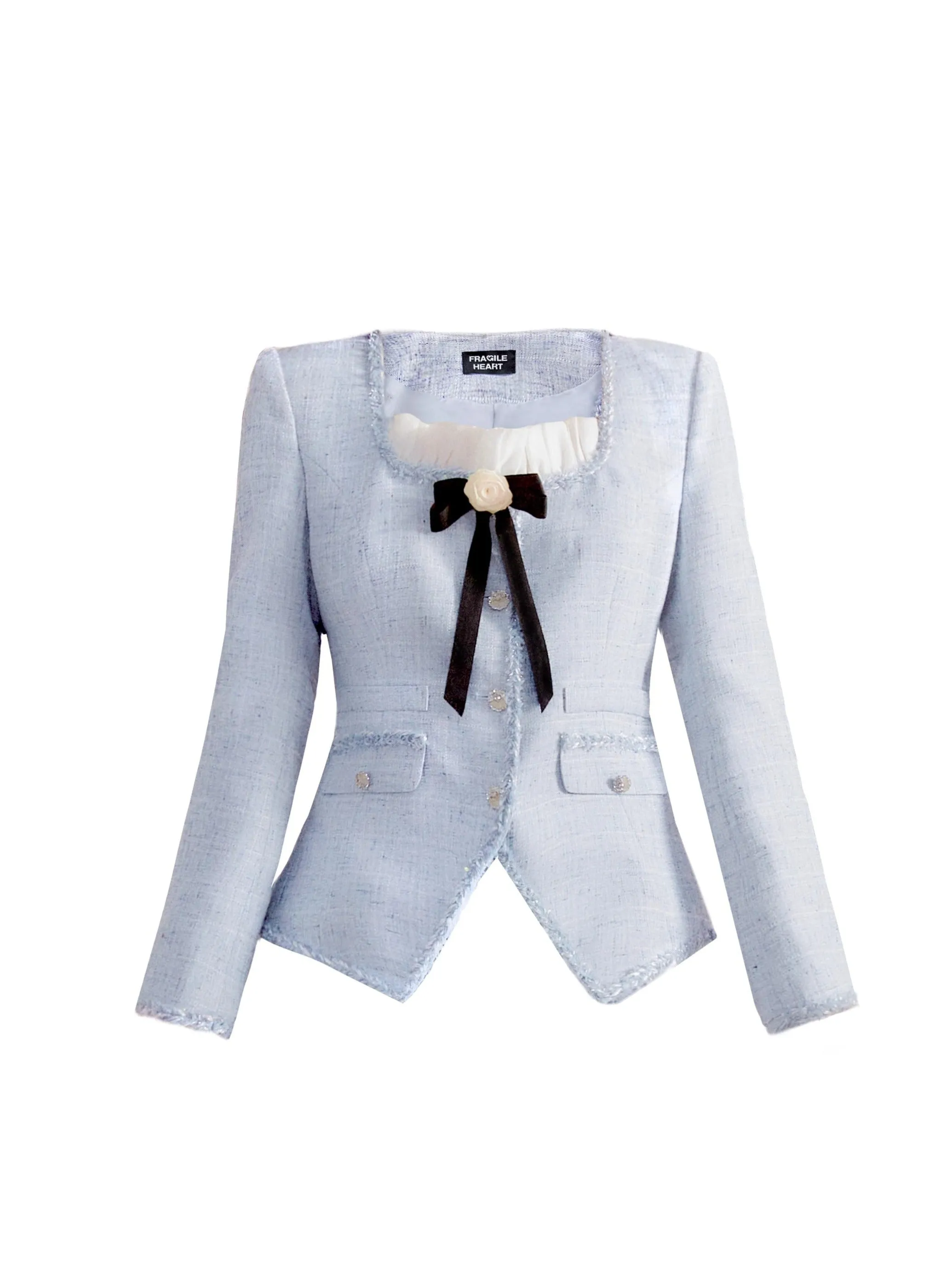 Pastel Blue Tweed Blazer and Pleated Skirt Set with Lace Trim