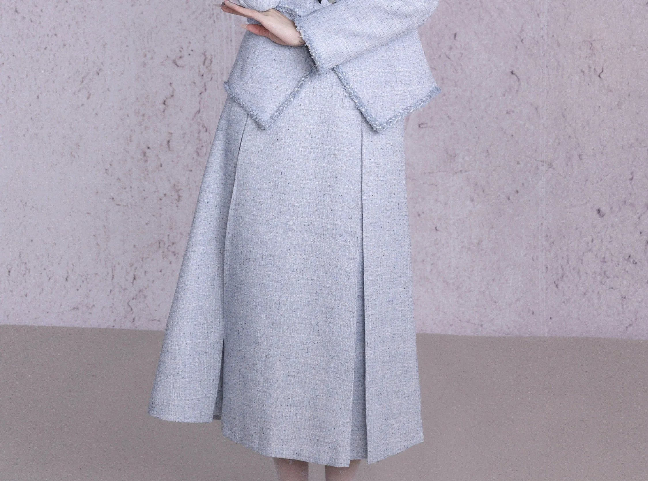 Pastel Blue Tweed Blazer and Pleated Skirt Set with Lace Trim