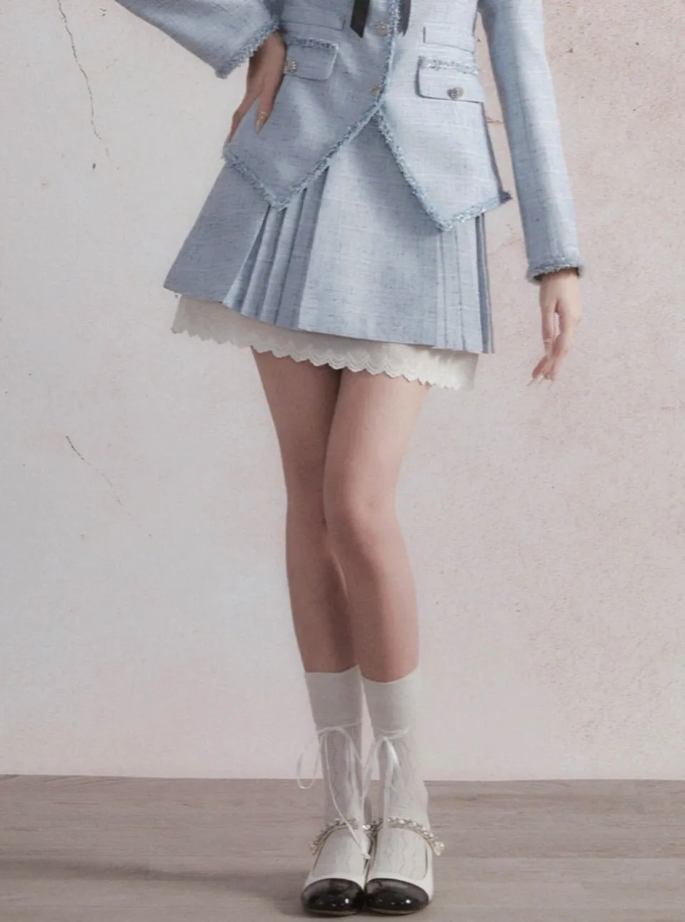 Pastel Blue Tweed Blazer and Pleated Skirt Set with Lace Trim