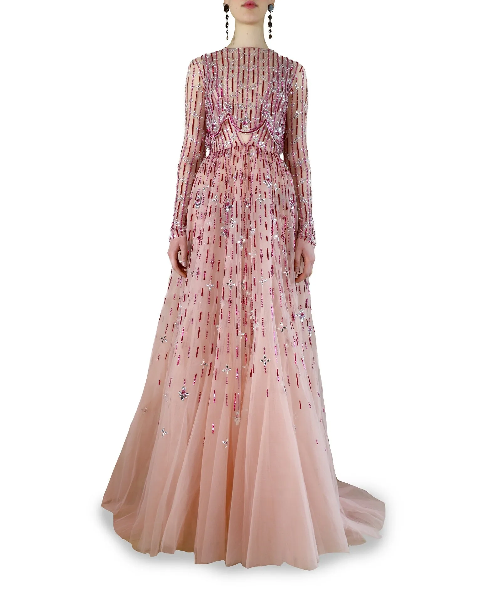 Peach Beige Beaded Tulle Bolero Dress with Belt