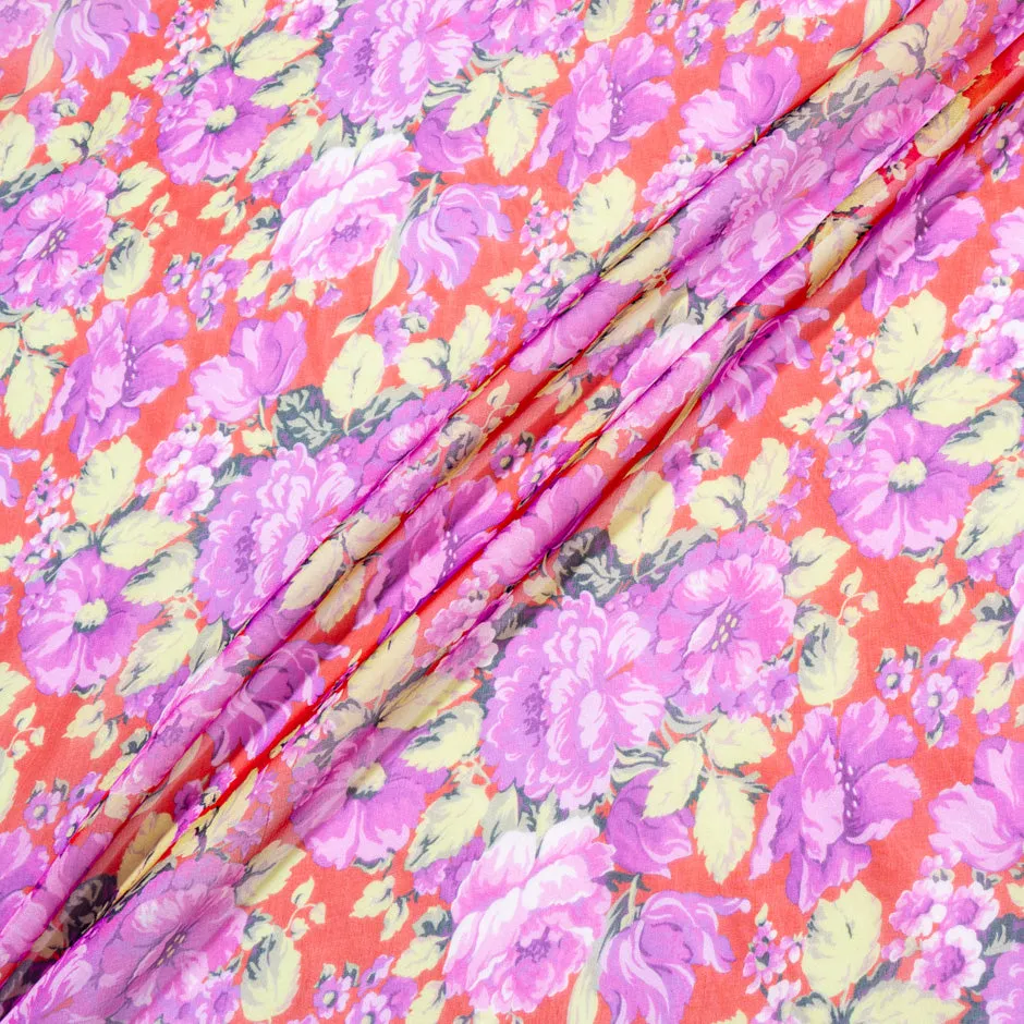 Pink Floral Printed Red Pure Silk Chiffon