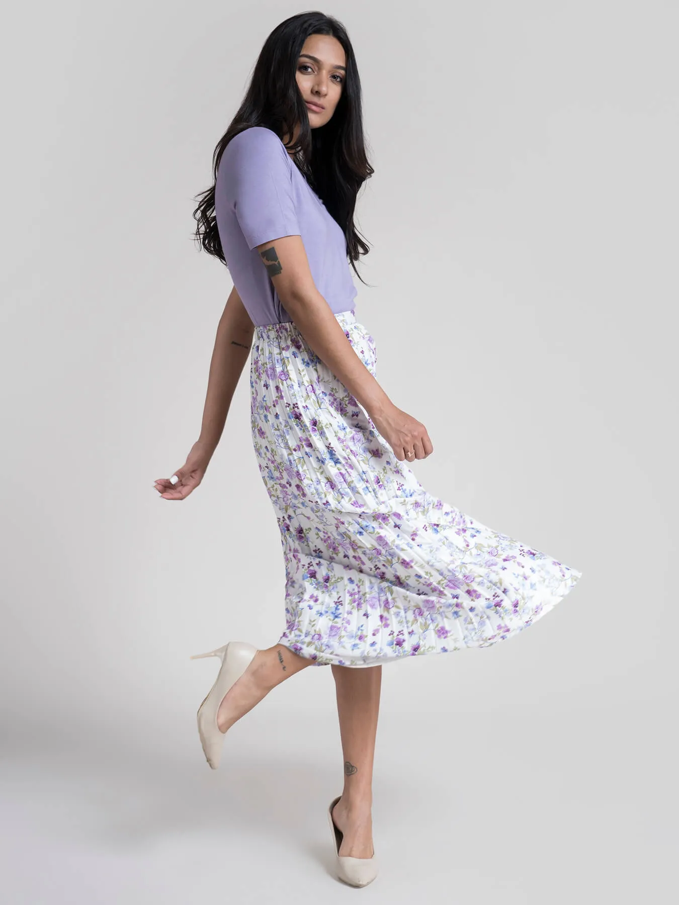 Pleated Flared Floral Midi Skirt - Lilac