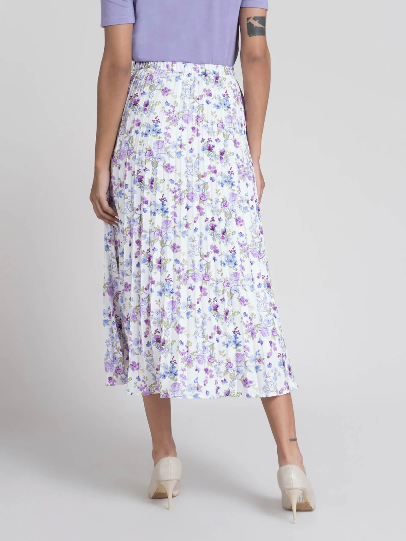 Pleated Flared Floral Midi Skirt - Lilac