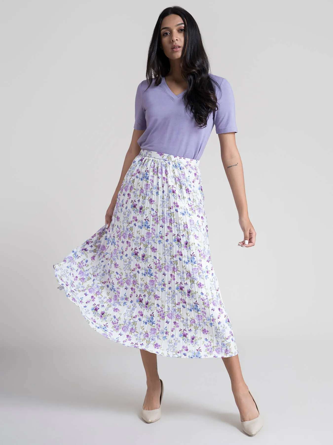 Pleated Flared Floral Midi Skirt - Lilac