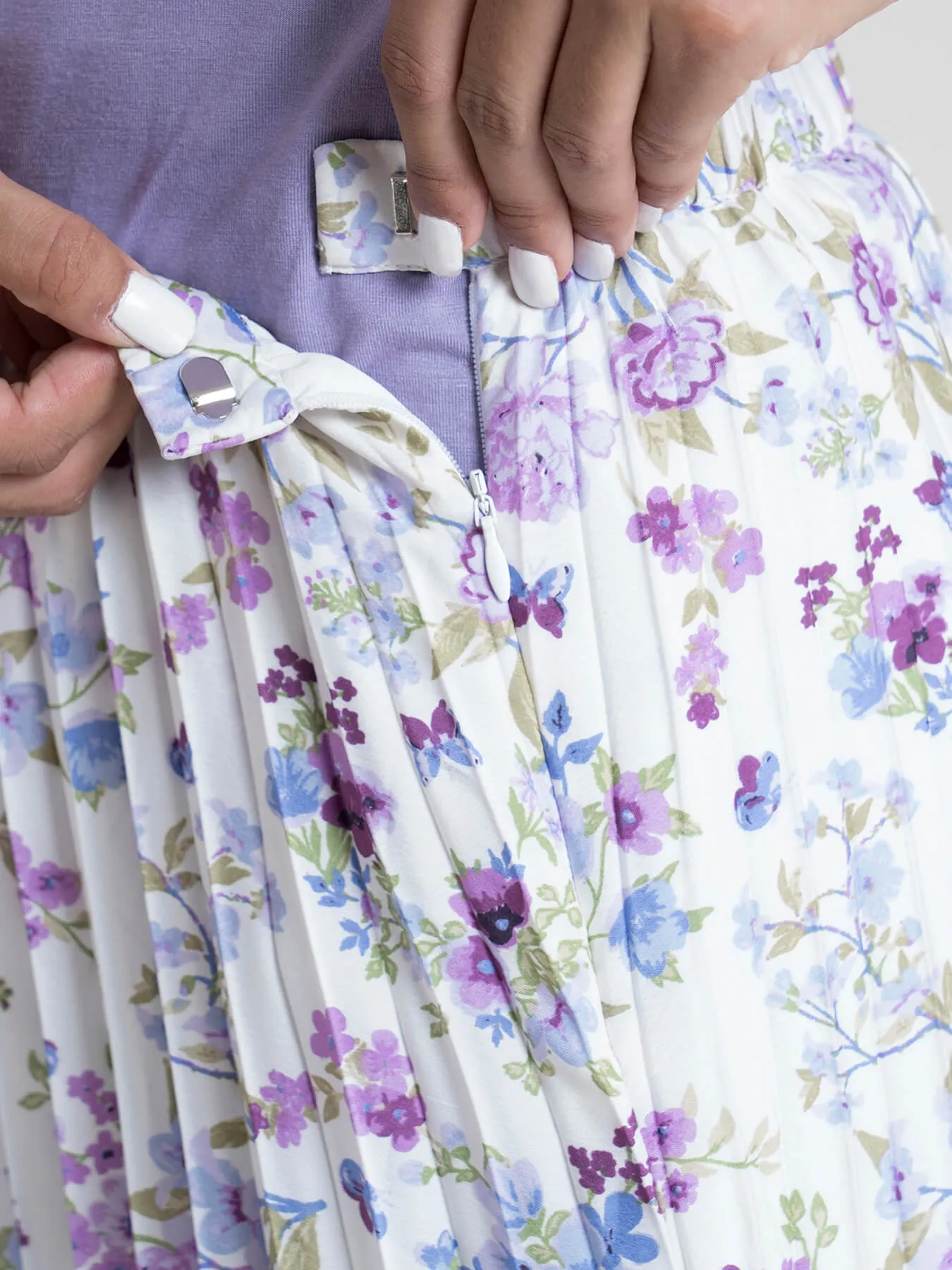 Pleated Flared Floral Midi Skirt - Lilac