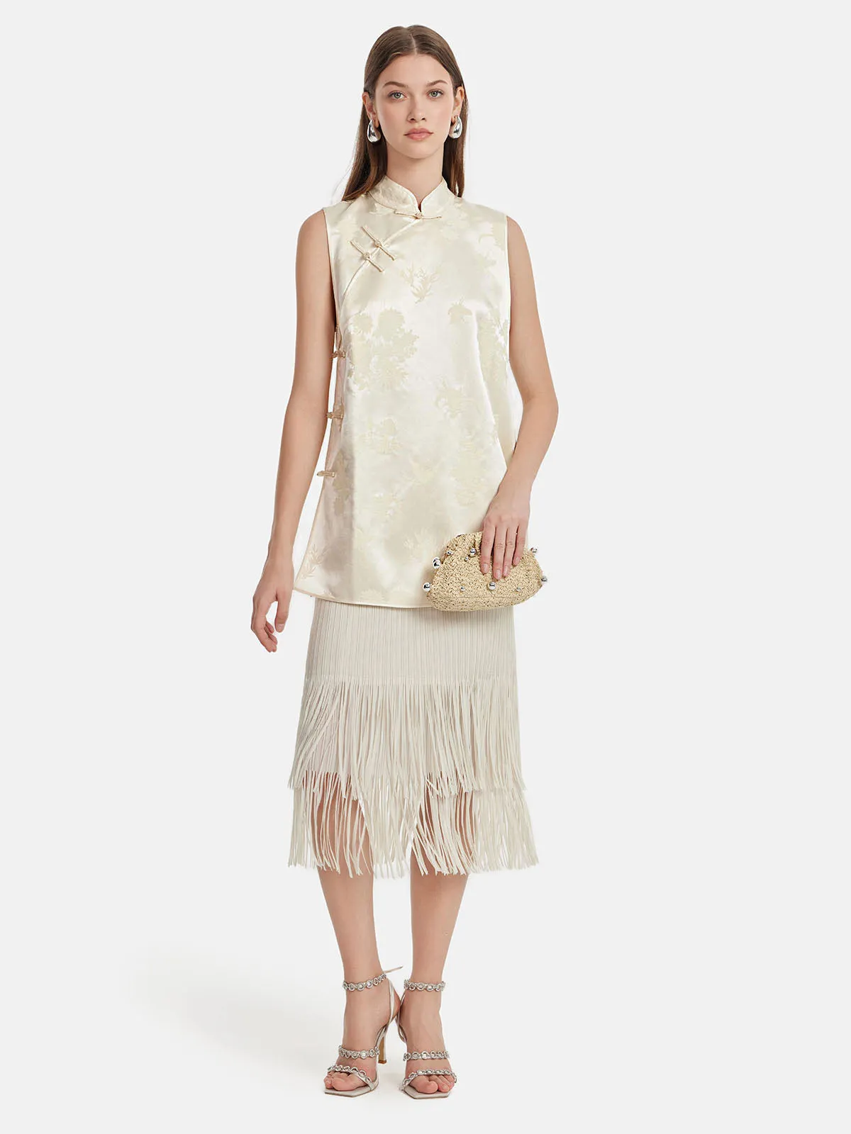 Pleated Fringe Midi Skirt