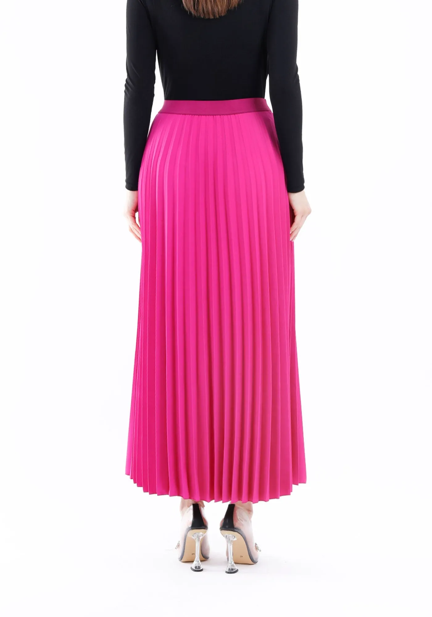 Pleated Maxi Skirt Elastic Waist Band Ankle Length Plisse Skirt