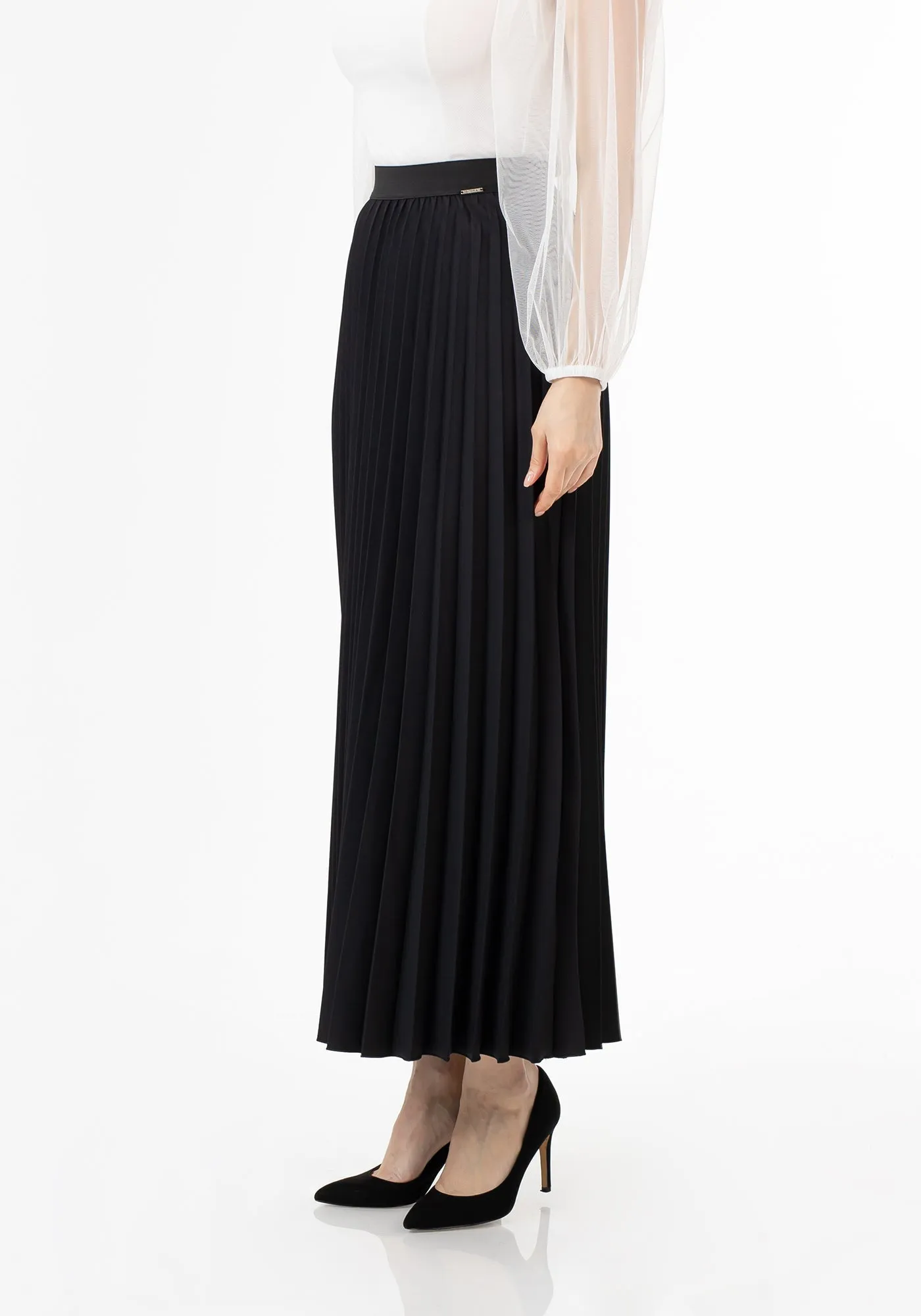 Pleated Maxi Skirt Elastic Waist Band Ankle Length Plisse Skirt