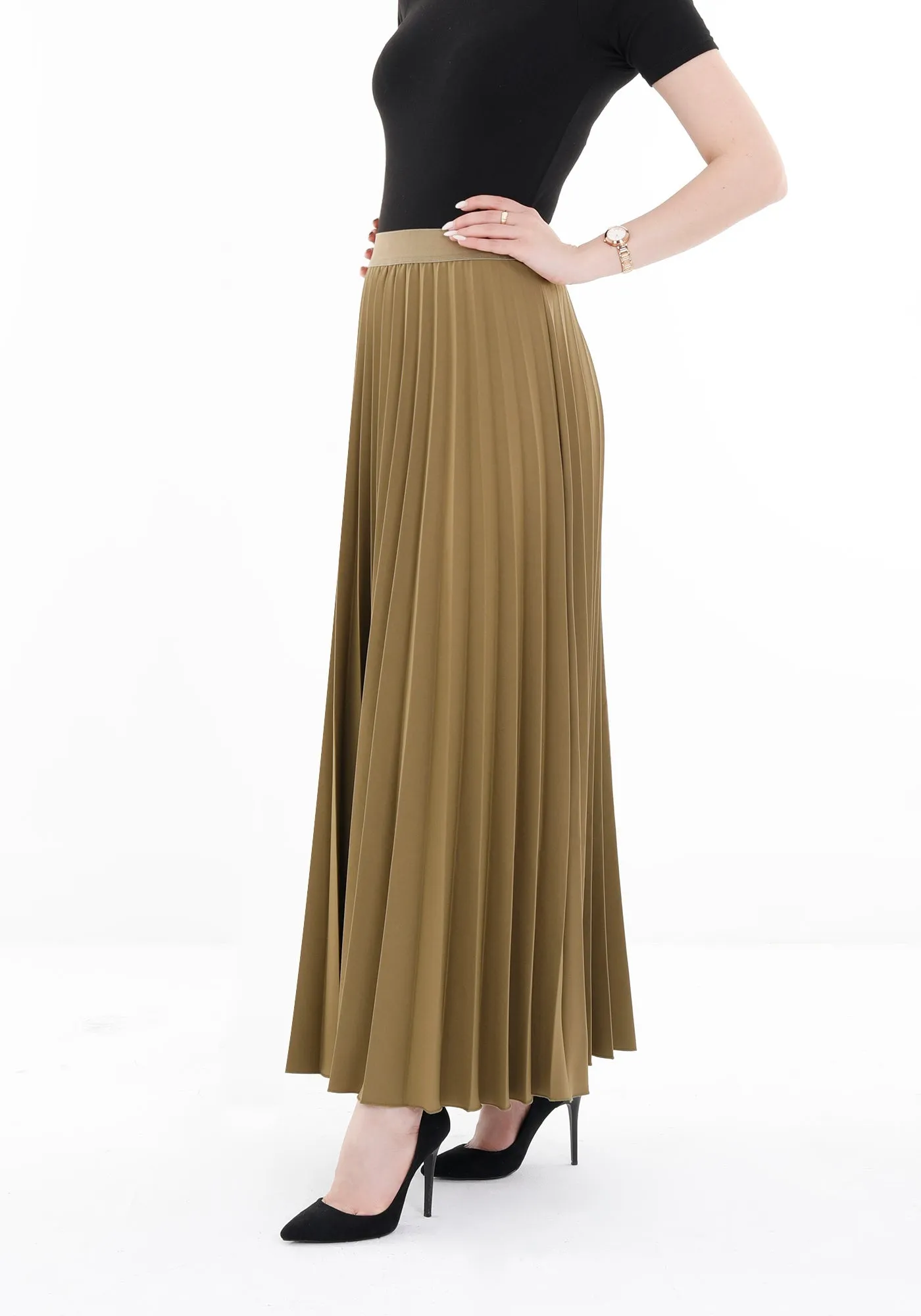 Pleated Maxi Skirt Elastic Waist Band Ankle Length Plisse Skirt