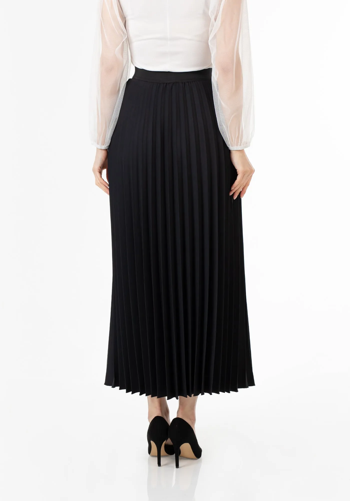 Pleated Maxi Skirt Elastic Waist Band Ankle Length Plisse Skirt