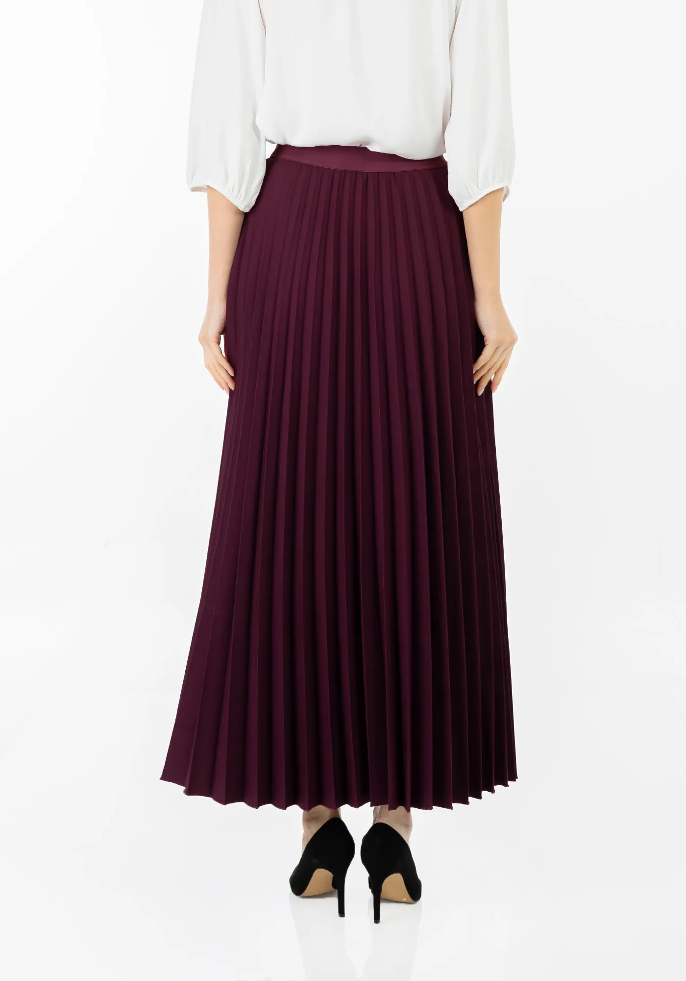 Pleated Maxi Skirt Elastic Waist Band Ankle Length Plisse Skirt