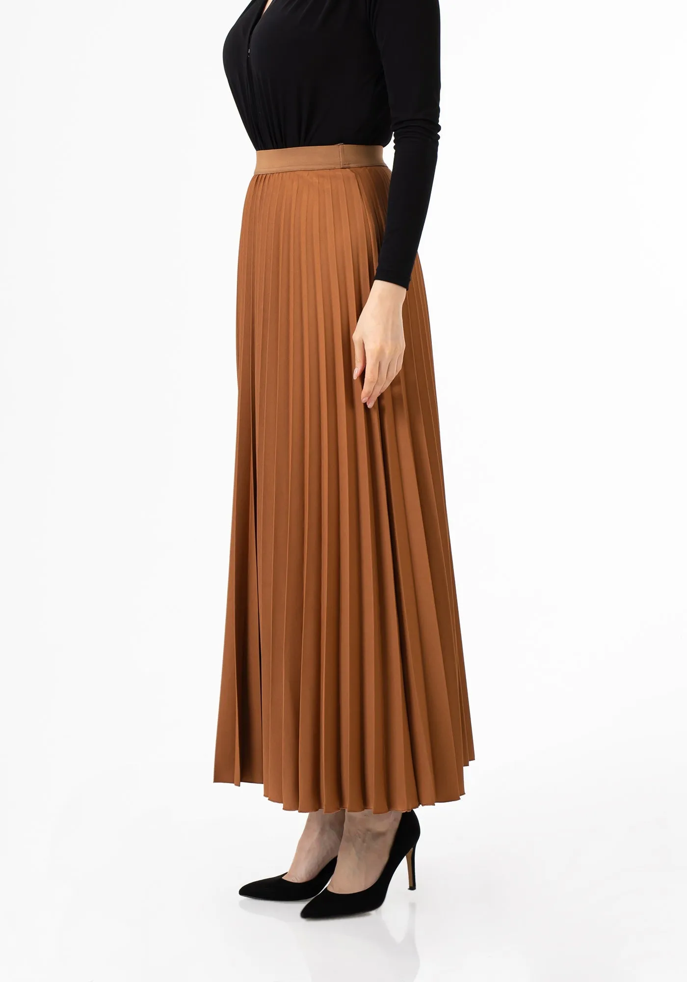 Pleated Maxi Skirt Elastic Waist Band Ankle Length Plisse Skirt