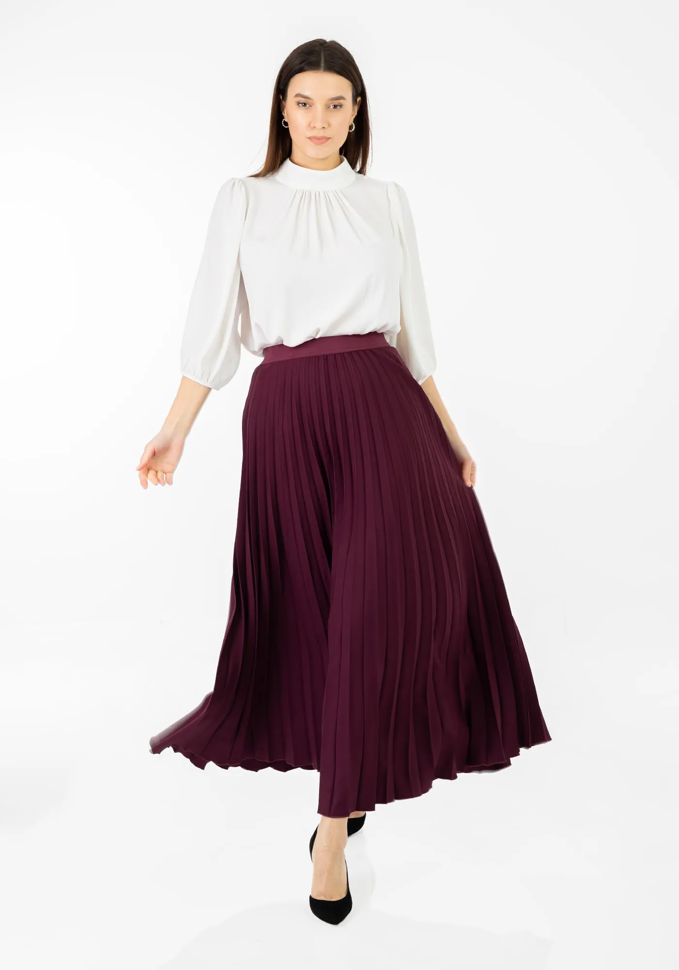 Pleated Maxi Skirt Elastic Waist Band Ankle Length Plisse Skirt