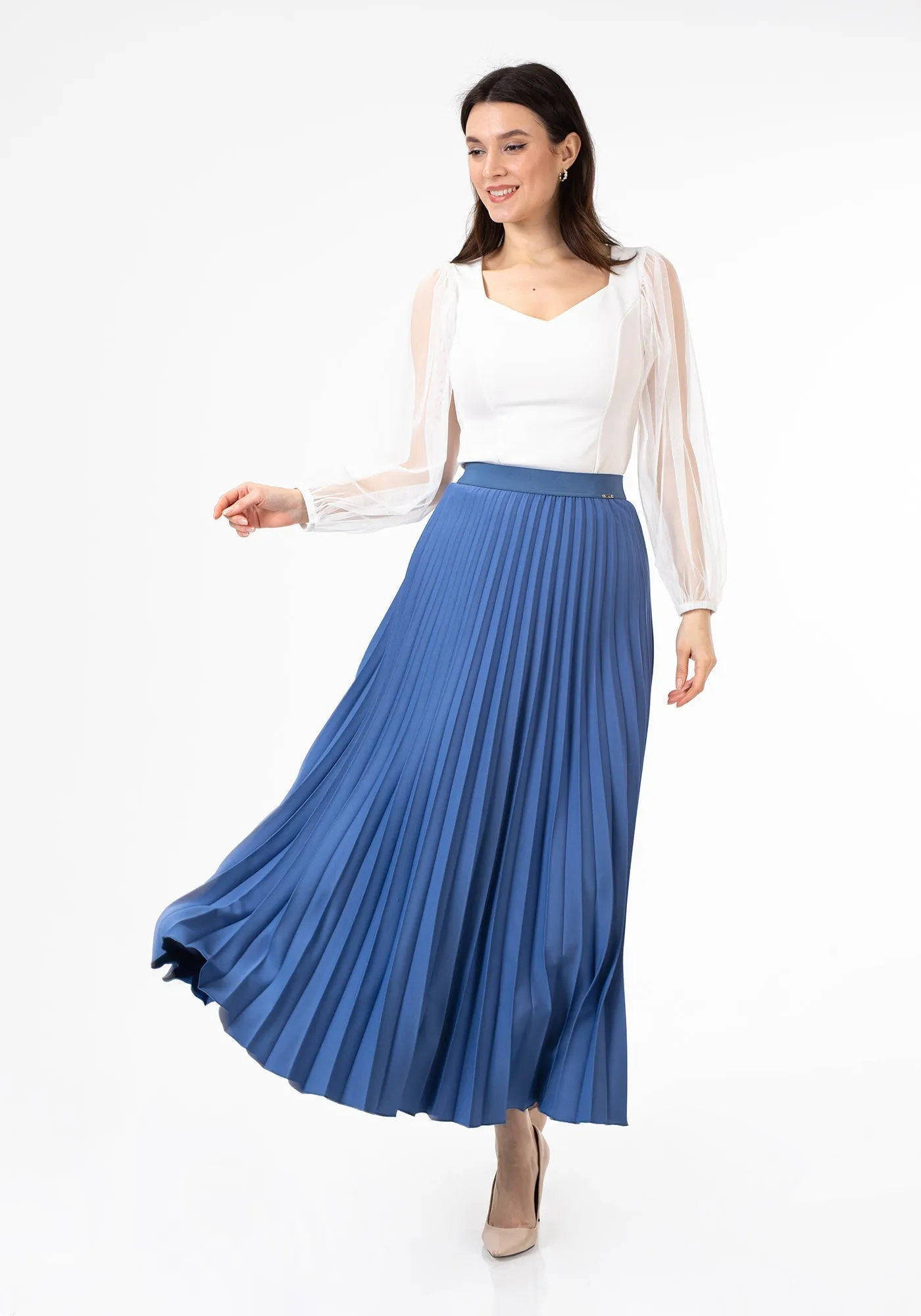 Pleated Maxi Skirt Elastic Waist Band Ankle Length Plisse Skirt