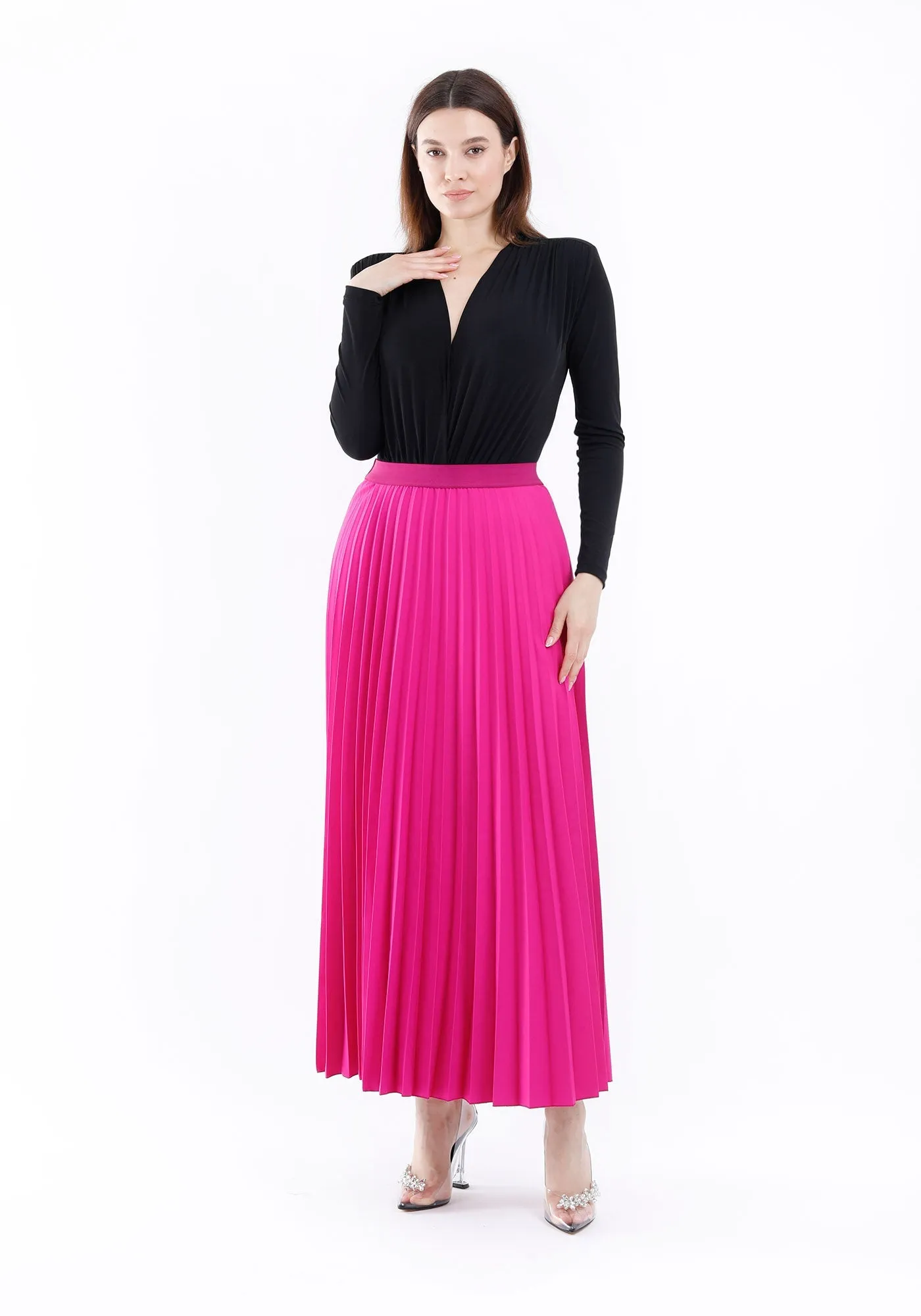 Pleated Maxi Skirt Elastic Waist Band Ankle Length Plisse Skirt