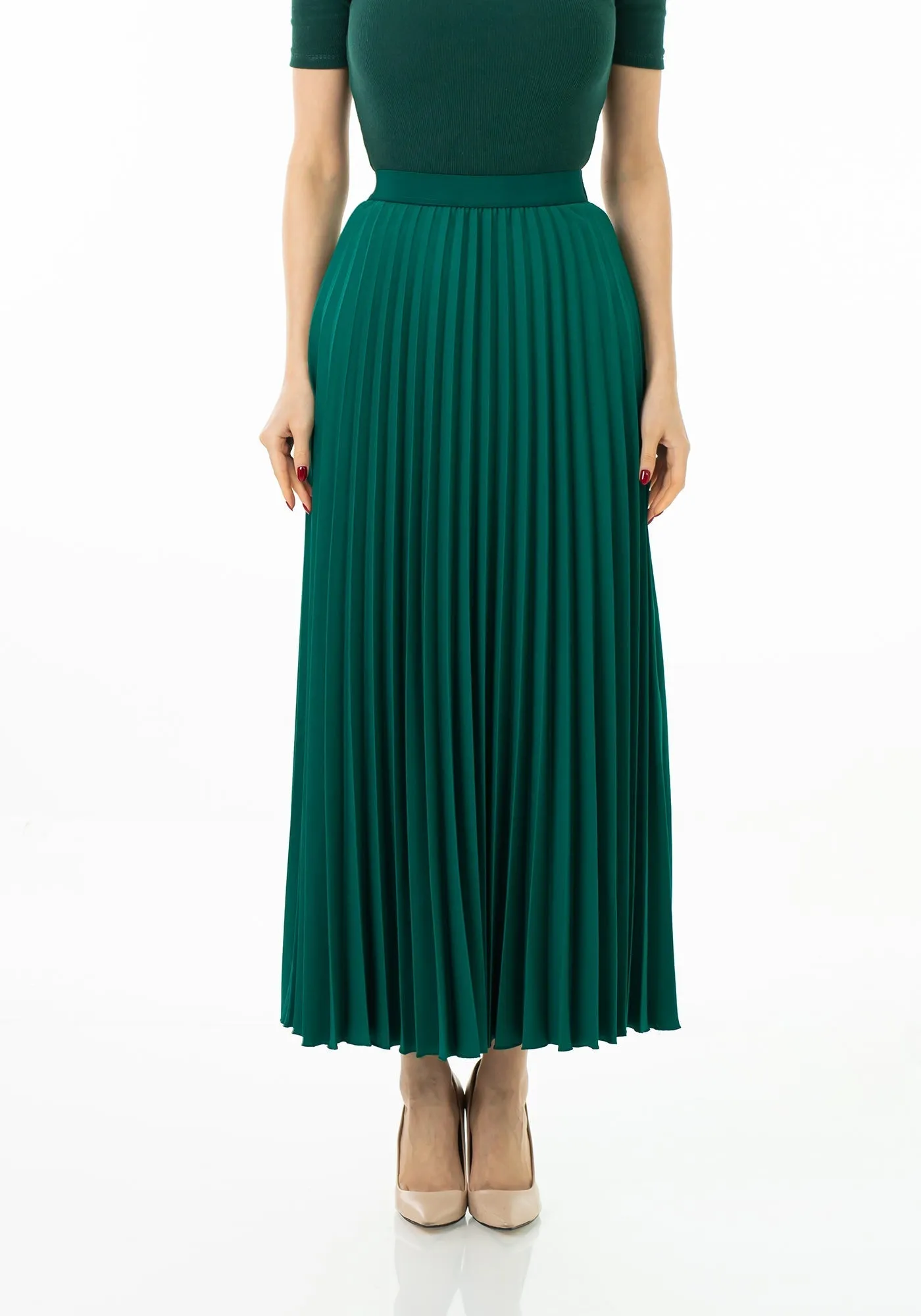 Pleated Maxi Skirt Elastic Waist Band Ankle Length Plisse Skirt