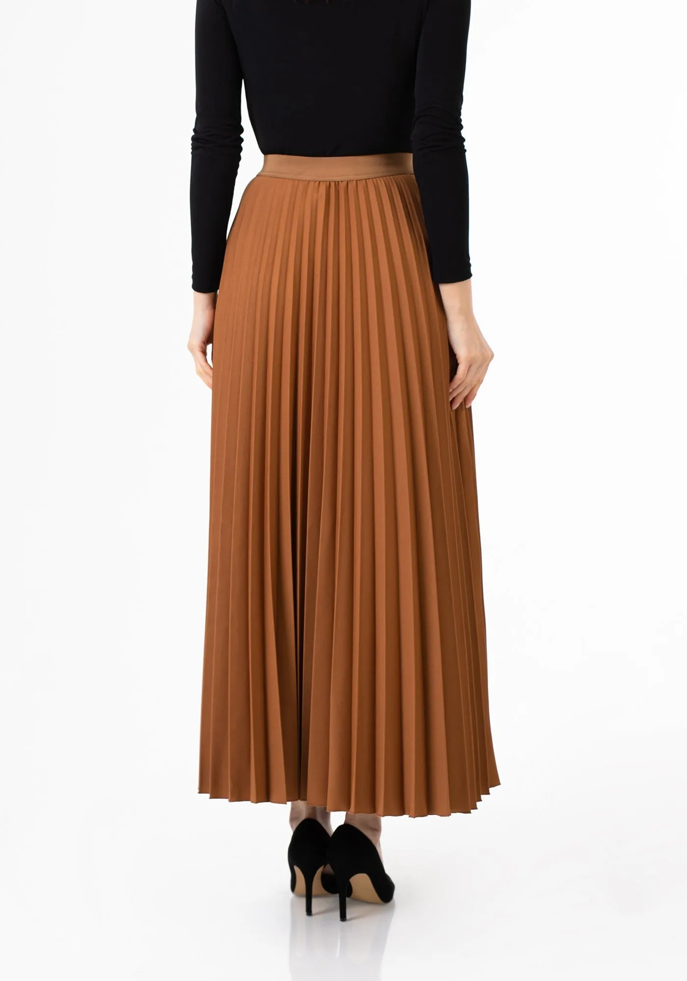 Pleated Maxi Skirt Elastic Waist Band Ankle Length Plisse Skirt