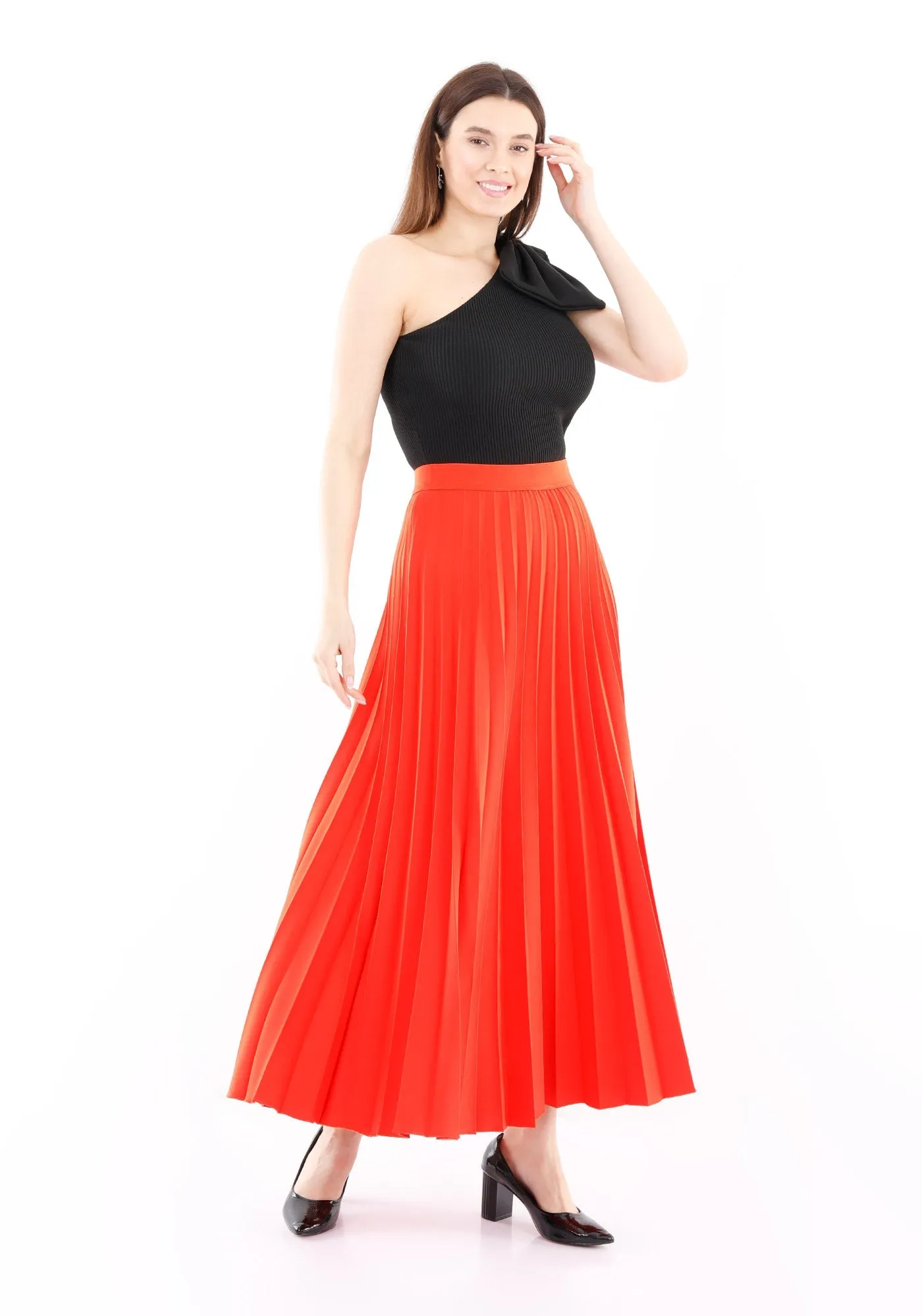 Pleated Maxi Skirt Elastic Waist Band Ankle Length Plisse Skirt