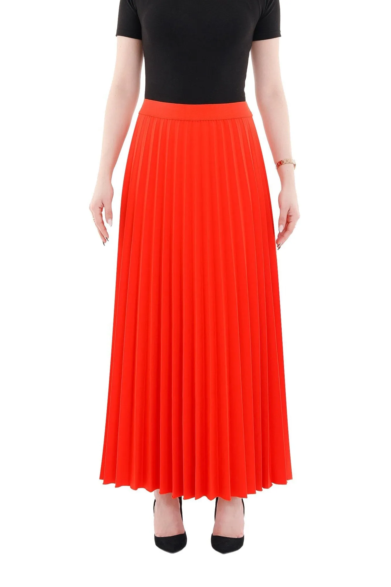 Pleated Maxi Skirt Elastic Waist Band Ankle Length Plisse Skirt