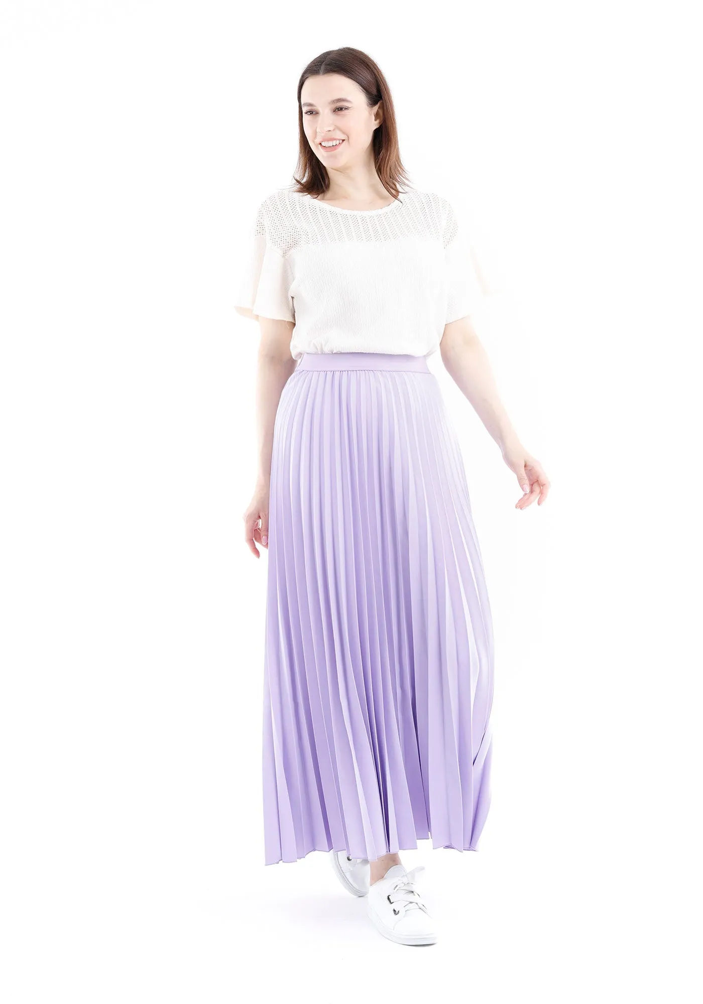 Pleated Maxi Skirt Elastic Waist Band Ankle Length Plisse Skirt