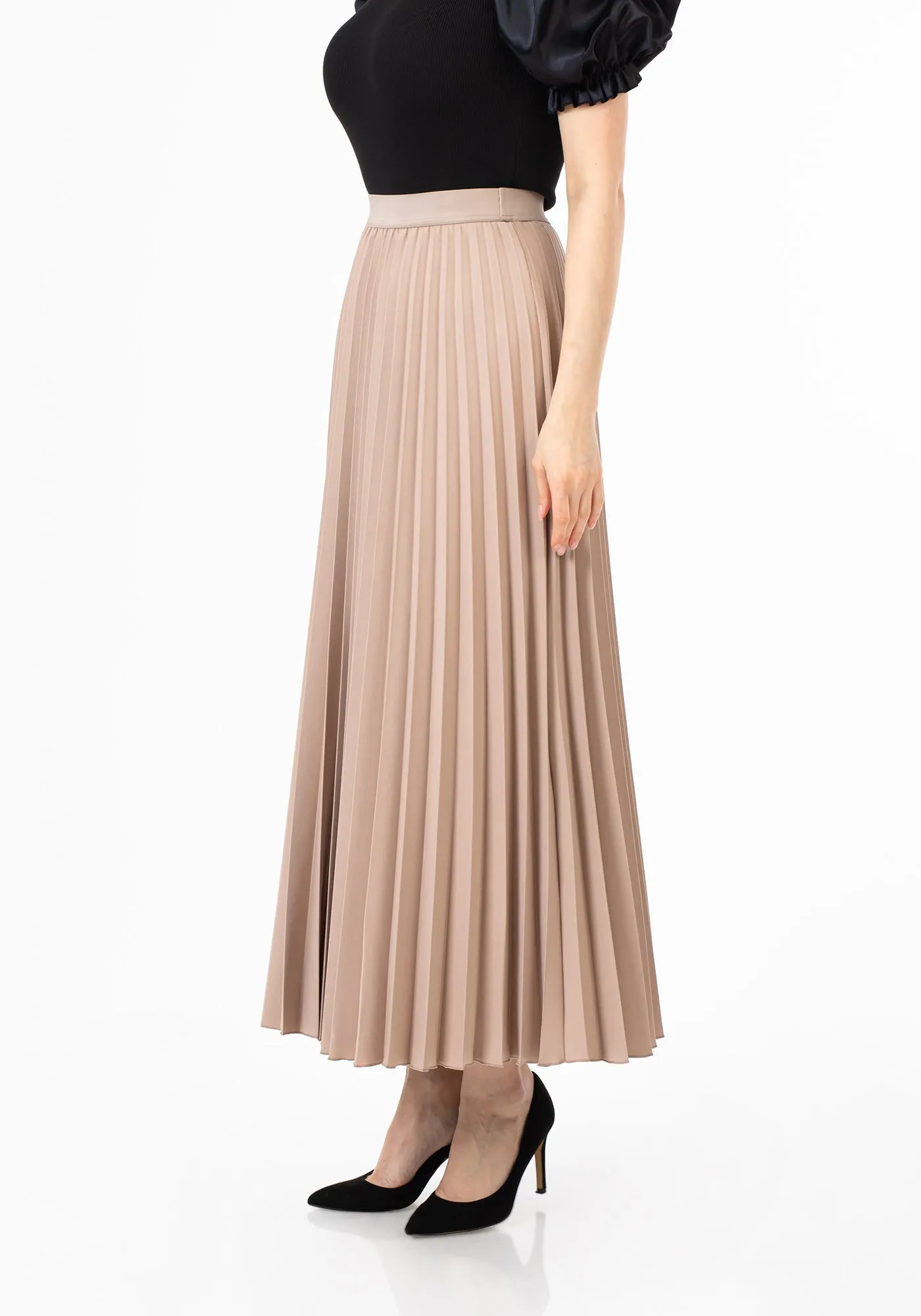 Pleated Maxi Skirt Elastic Waist Band Ankle Length Plisse Skirt