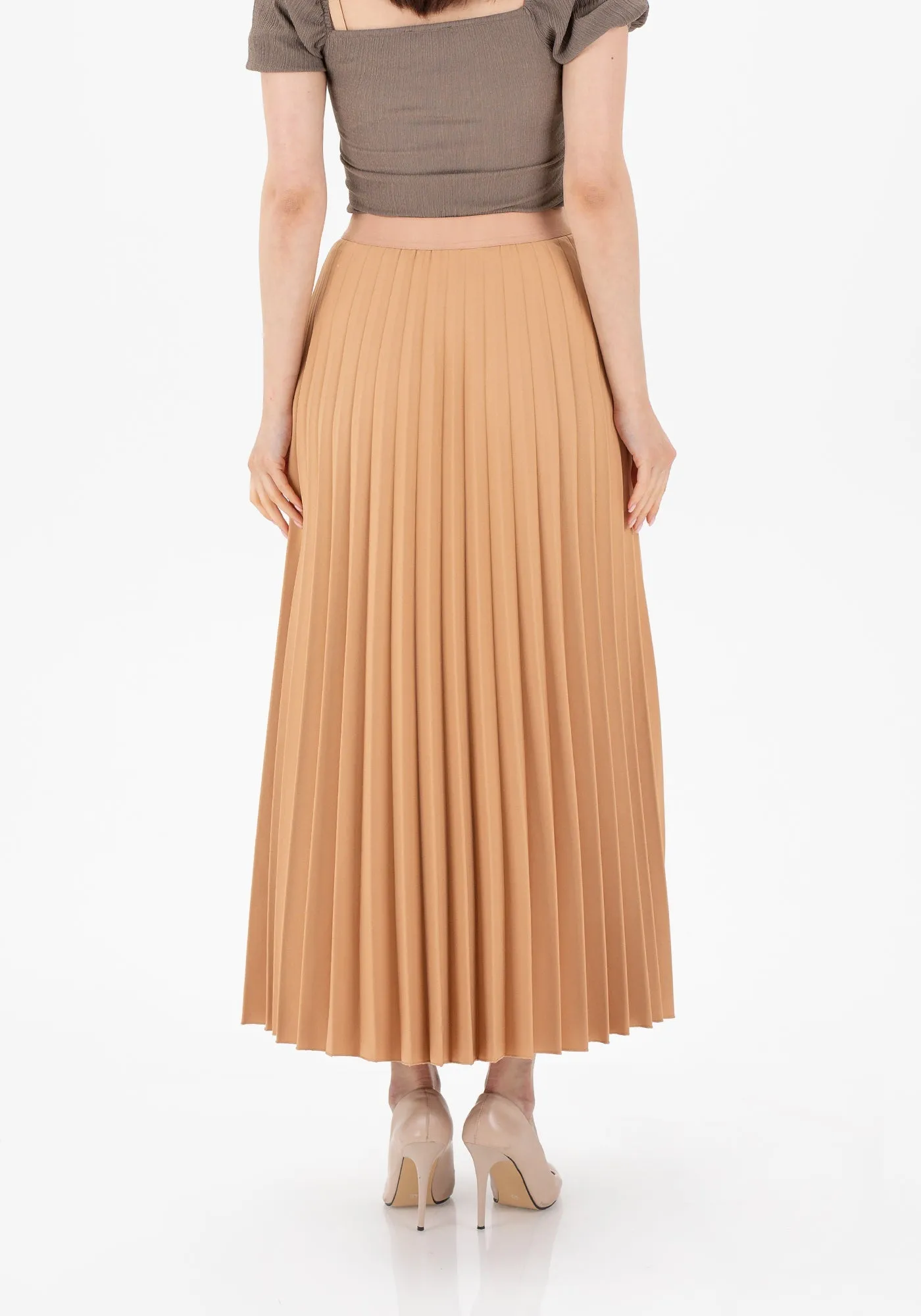 Pleated Maxi Skirt Elastic Waist Band Ankle Length Plisse Skirt