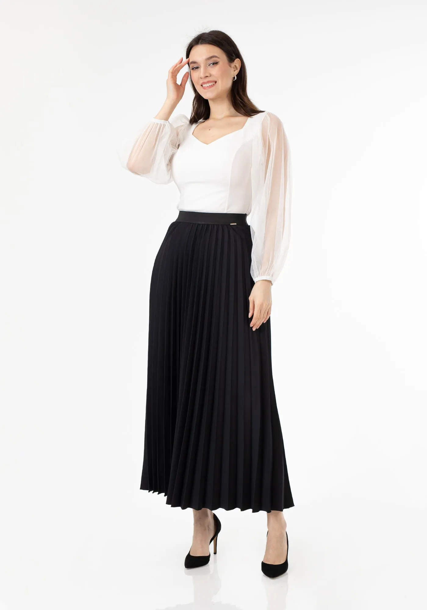 Pleated Maxi Skirt Elastic Waist Band Ankle Length Plisse Skirt