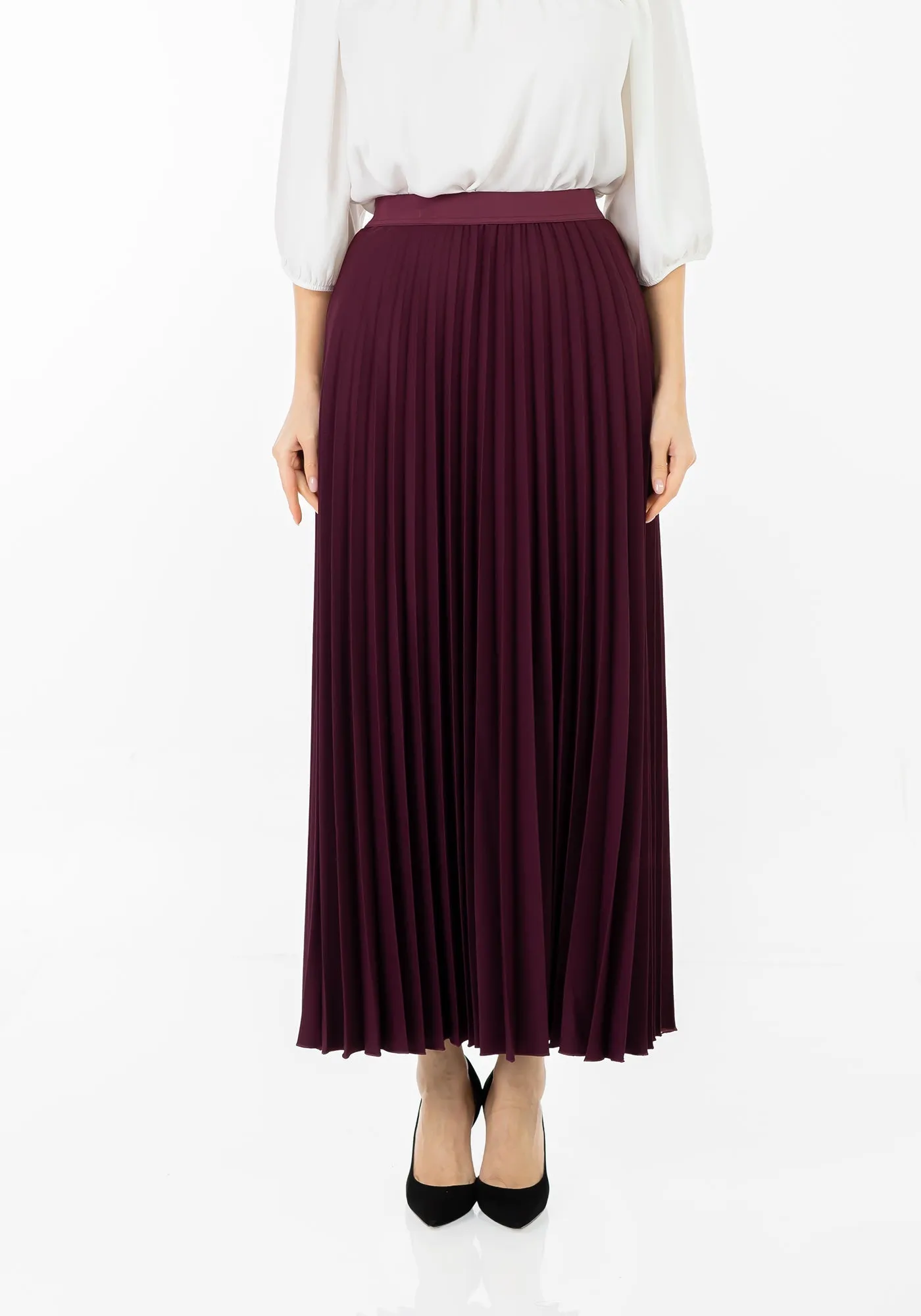 Pleated Maxi Skirt Elastic Waist Band Ankle Length Plisse Skirt