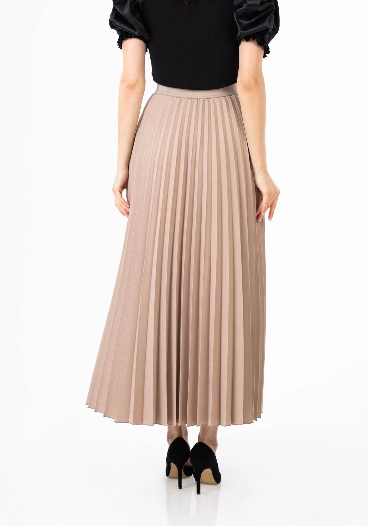 Pleated Maxi Skirt Elastic Waist Band Ankle Length Plisse Skirt