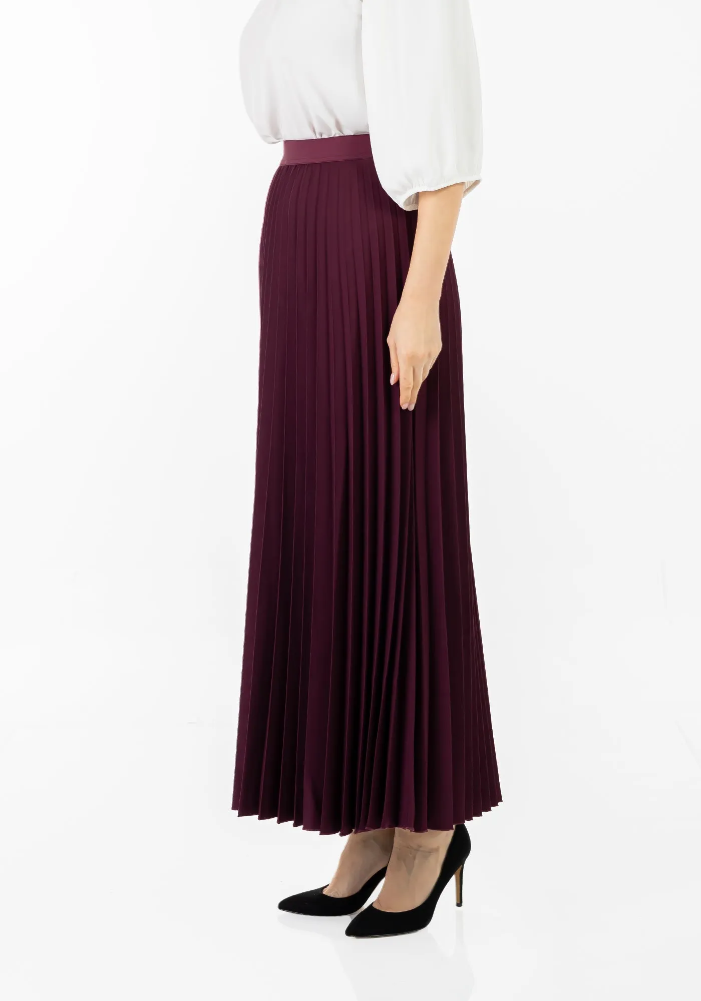 Pleated Maxi Skirt Elastic Waist Band Ankle Length Plisse Skirt