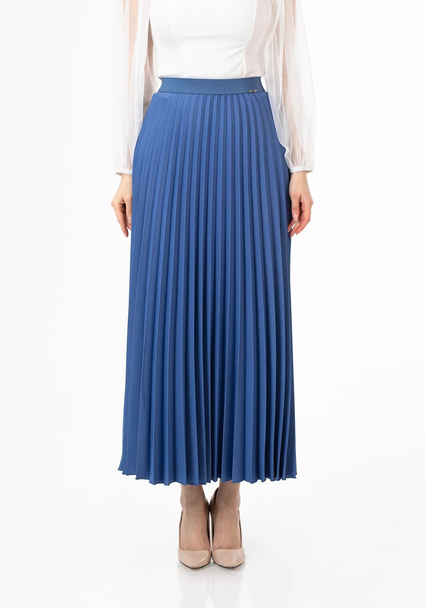 Pleated Maxi Skirt Elastic Waist Band Ankle Length Plisse Skirt