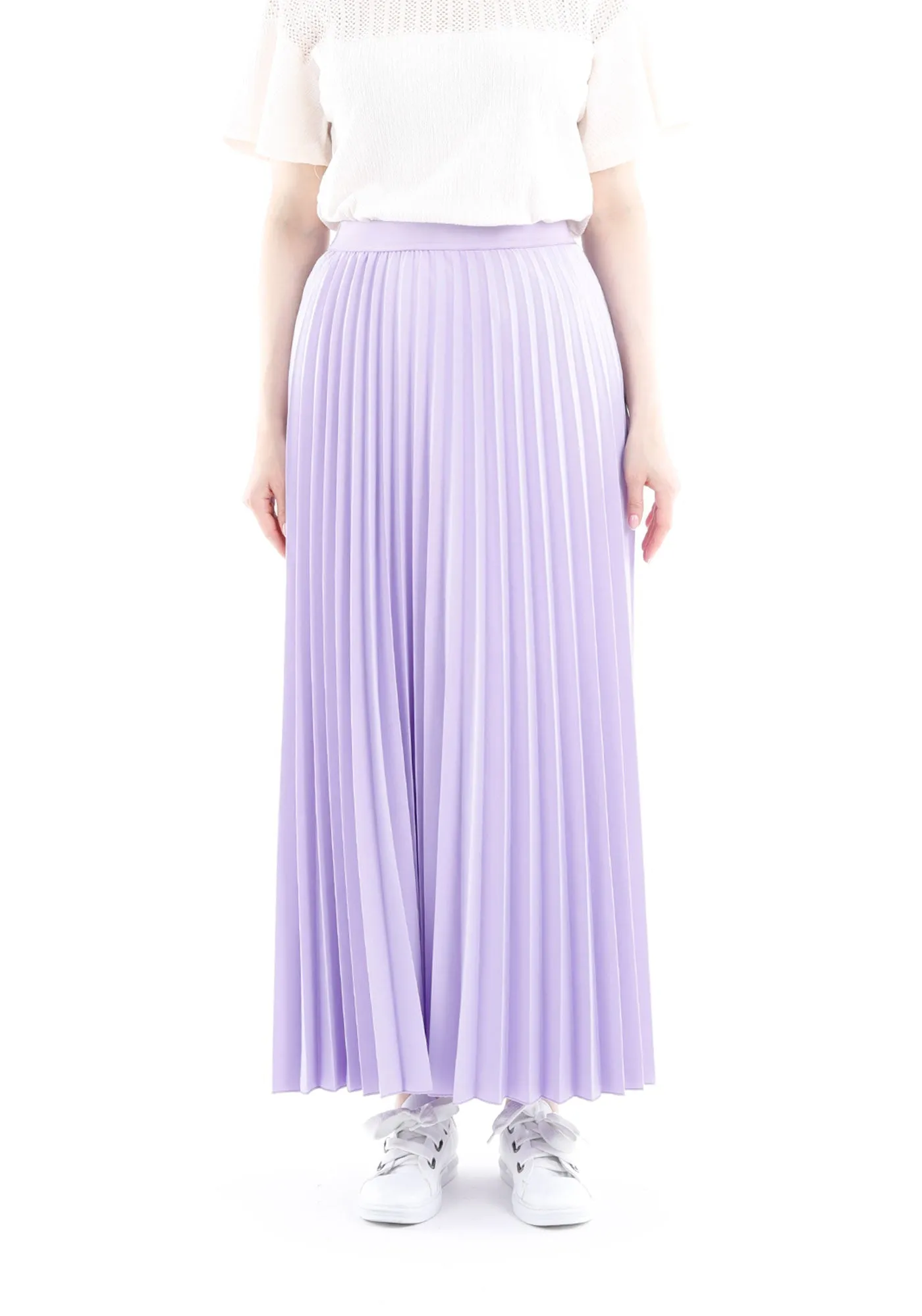 Pleated Maxi Skirt Elastic Waist Band Ankle Length Plisse Skirt