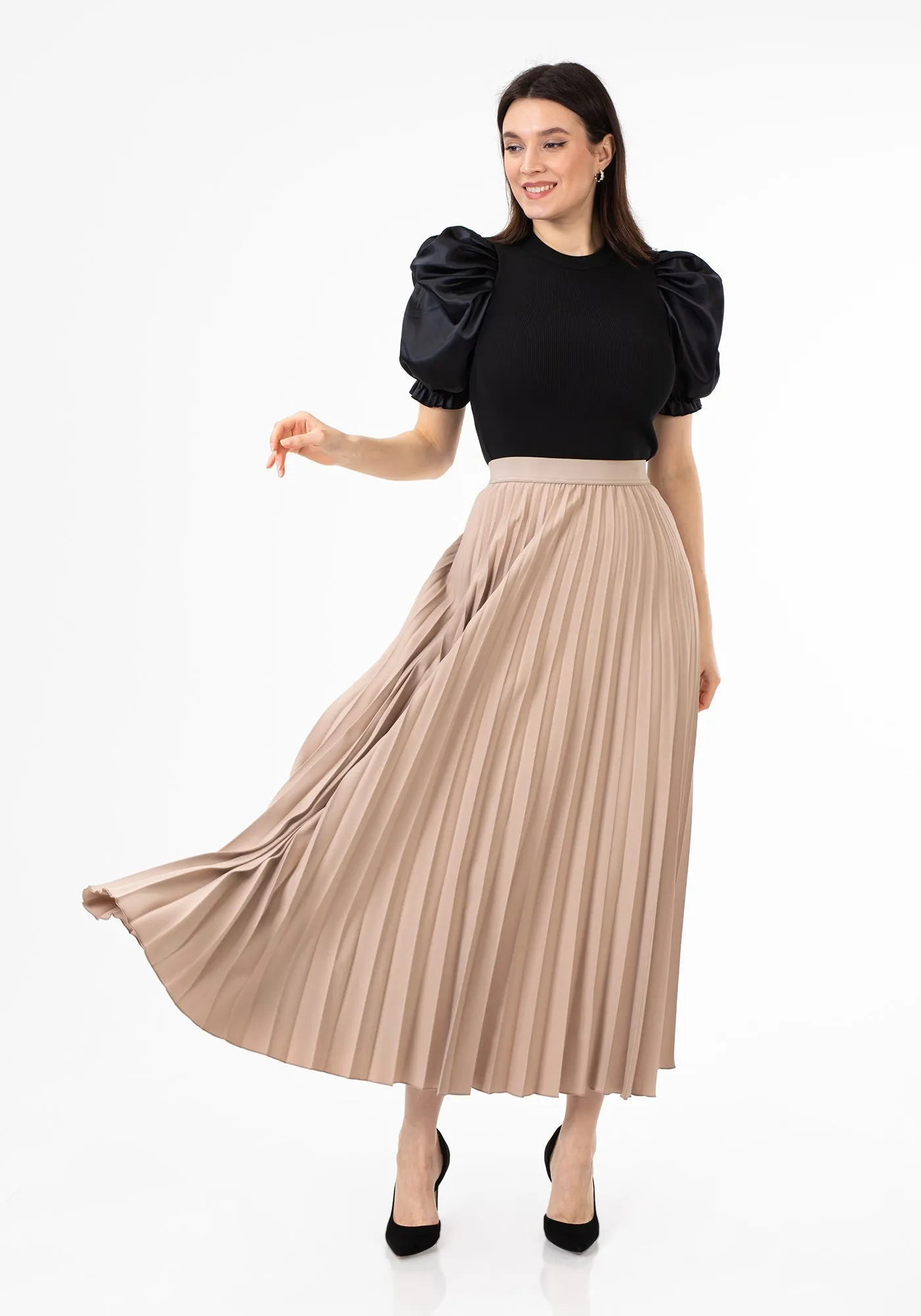 Pleated Maxi Skirt Elastic Waist Band Ankle Length Plisse Skirt