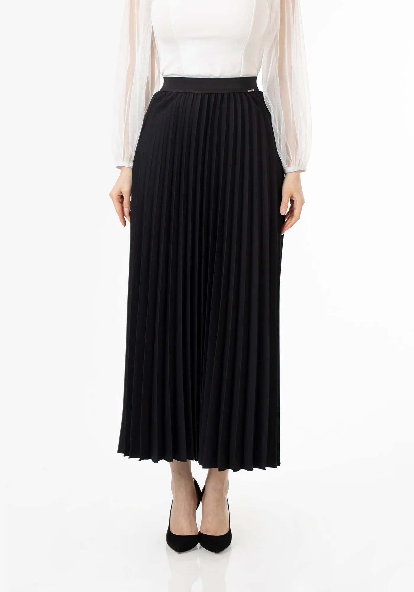 Pleated Maxi Skirt Elastic Waist Band Ankle Length Plisse Skirt