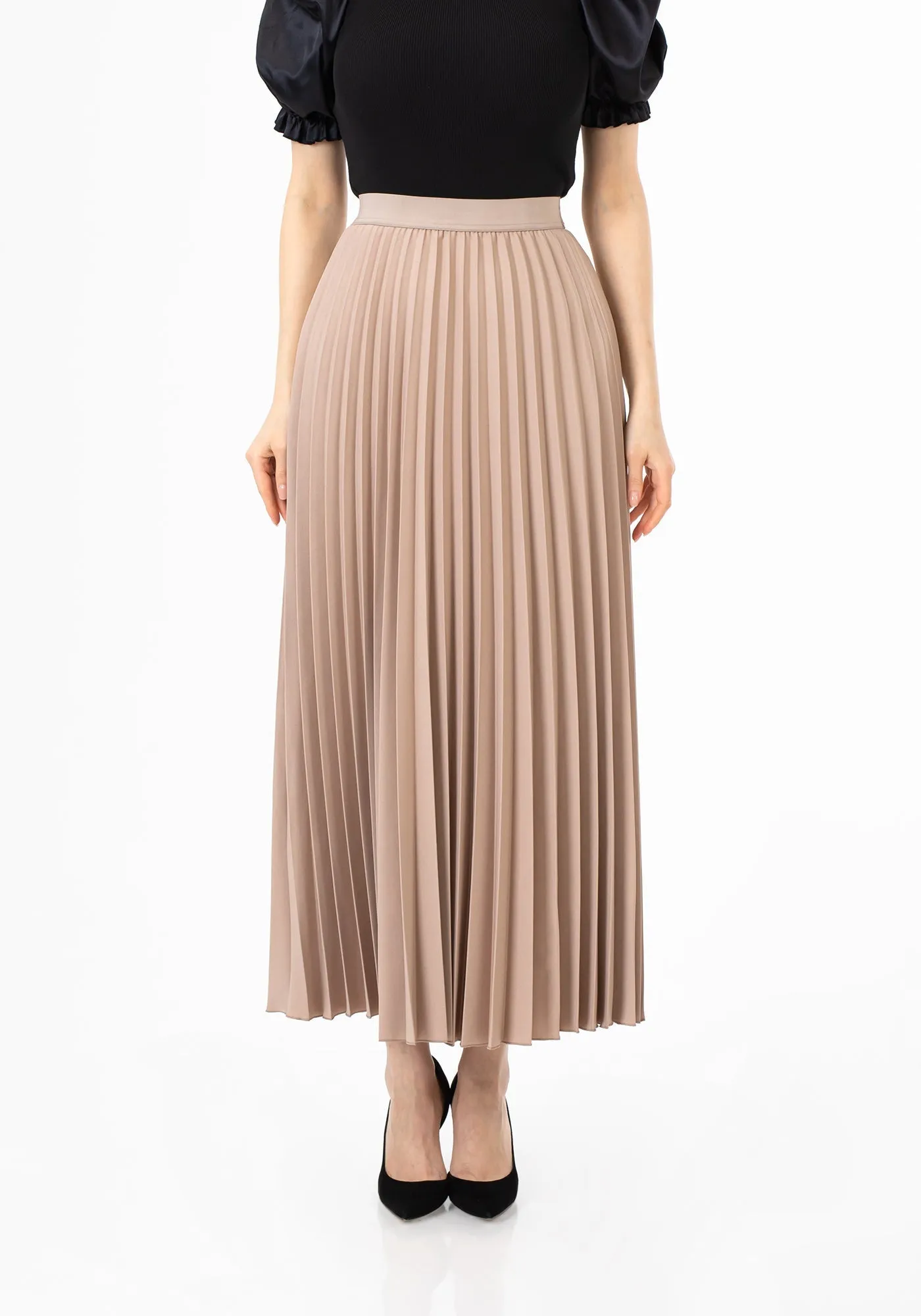 Pleated Maxi Skirt Elastic Waist Band Ankle Length Plisse Skirt