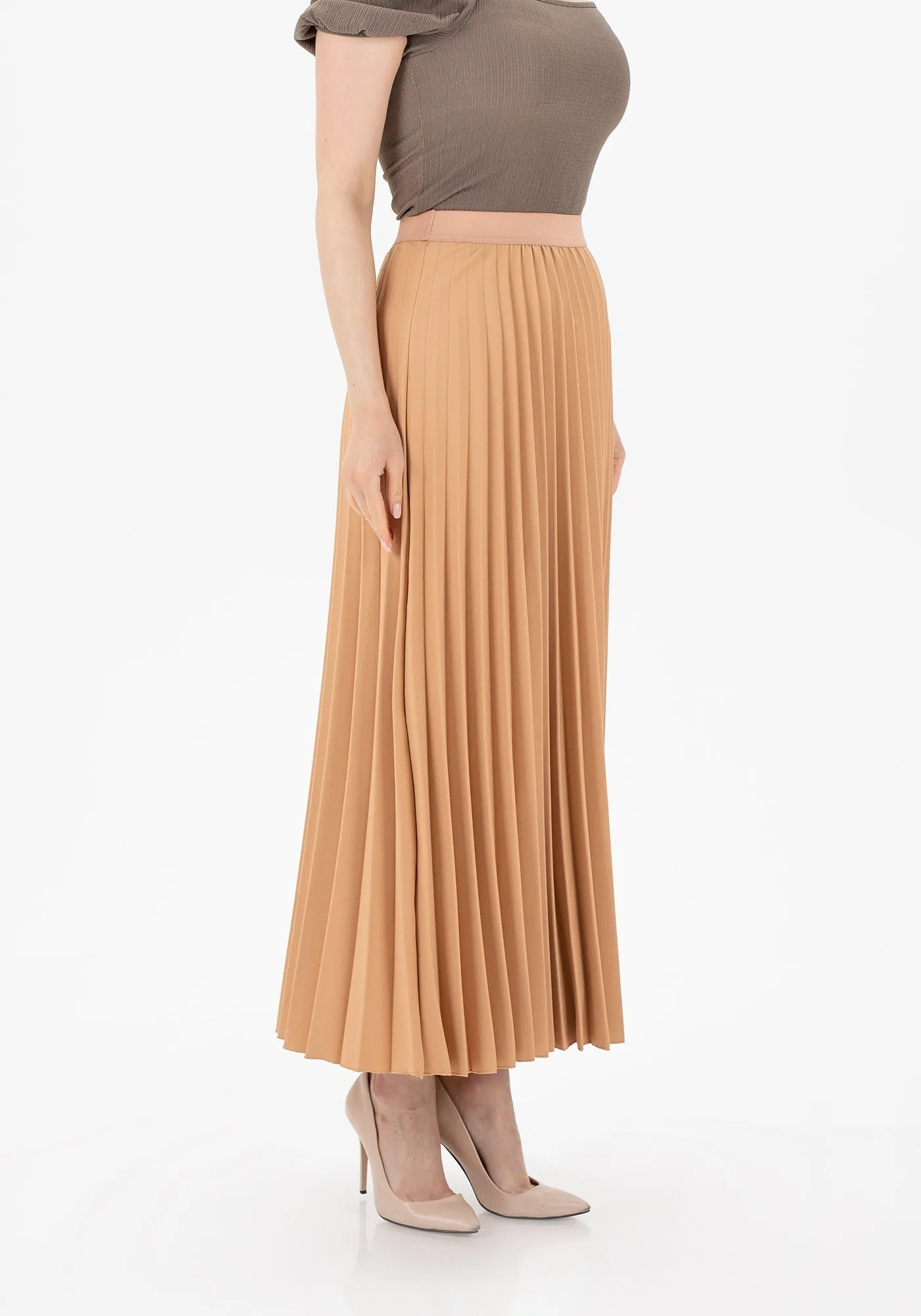 Pleated Maxi Skirt Elastic Waist Band Ankle Length Plisse Skirt