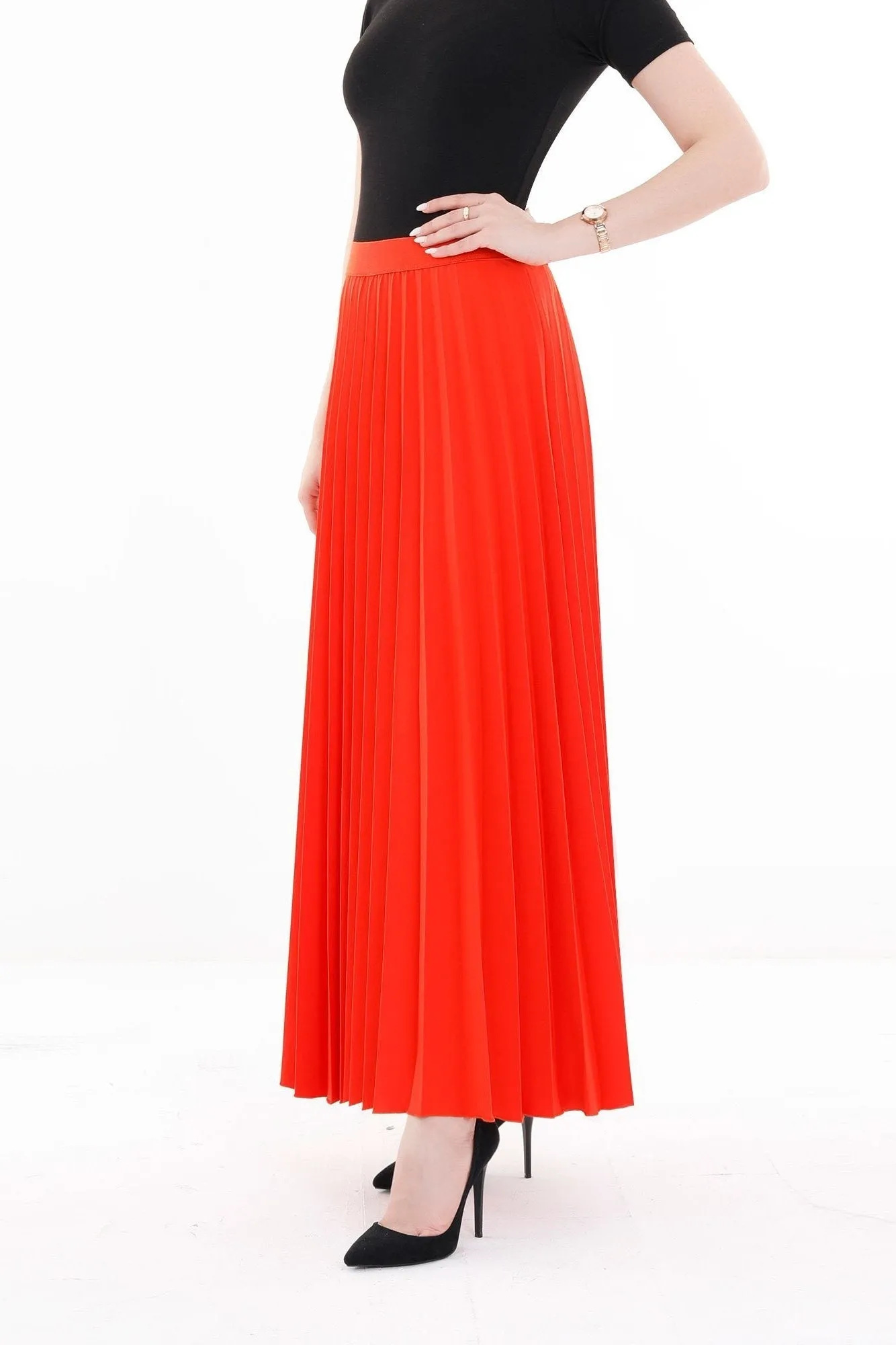 Pleated Maxi Skirt Elastic Waist Band Ankle Length Plisse Skirt