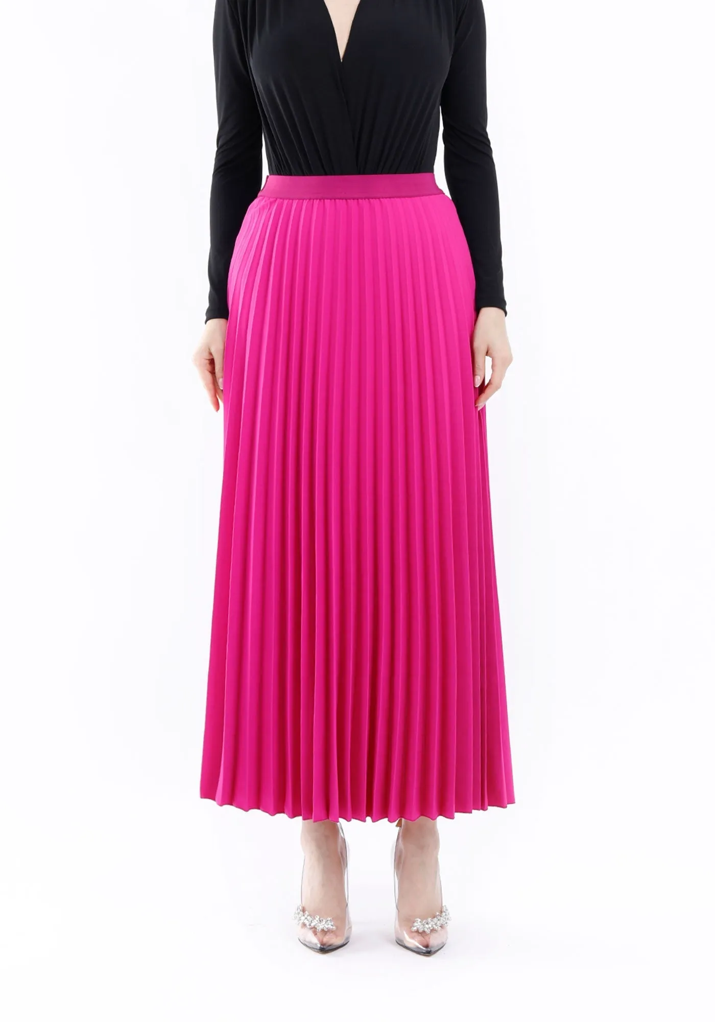 Pleated Maxi Skirt Elastic Waist Band Ankle Length Plisse Skirt