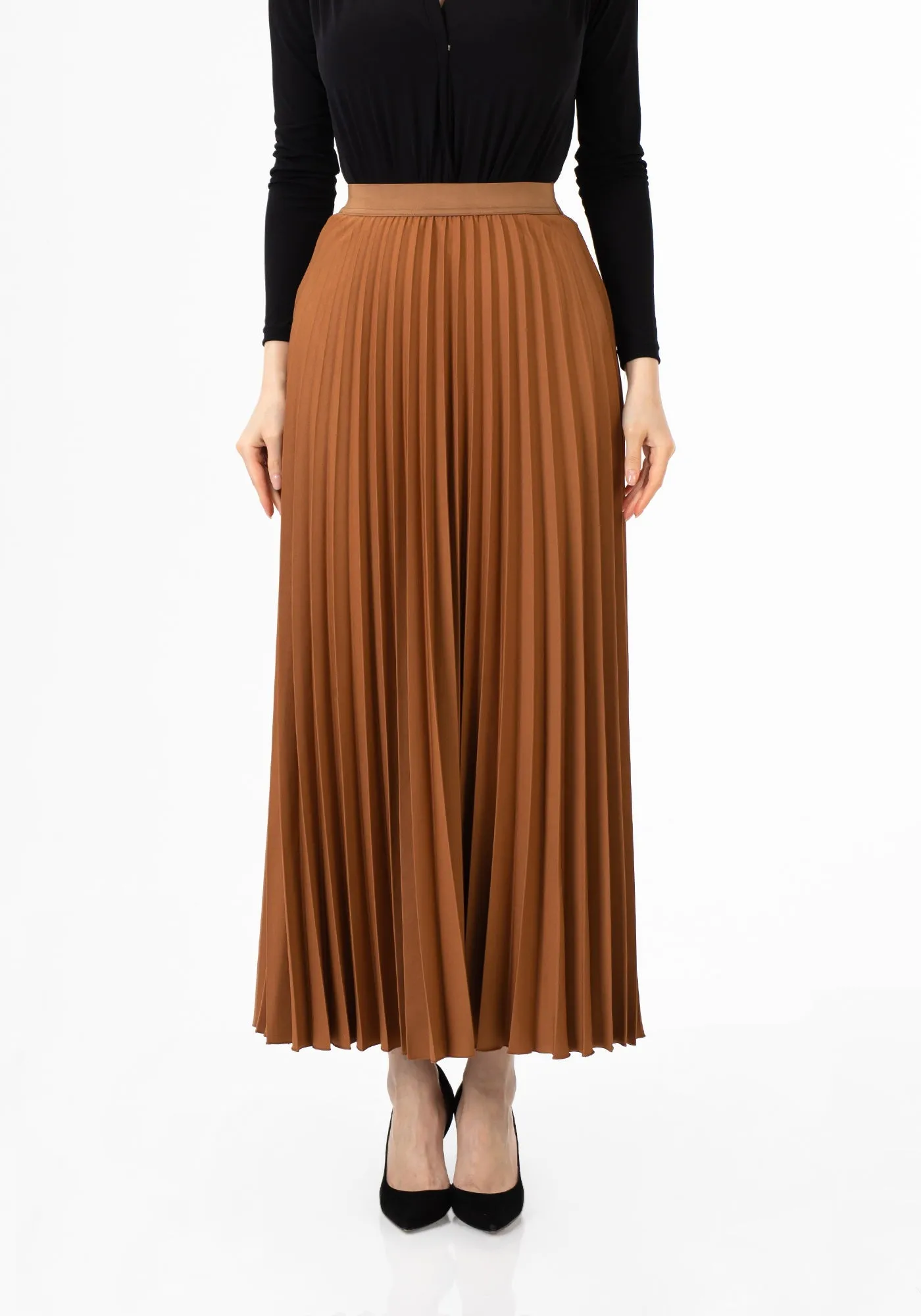 Pleated Maxi Skirt Elastic Waist Band Ankle Length Plisse Skirt