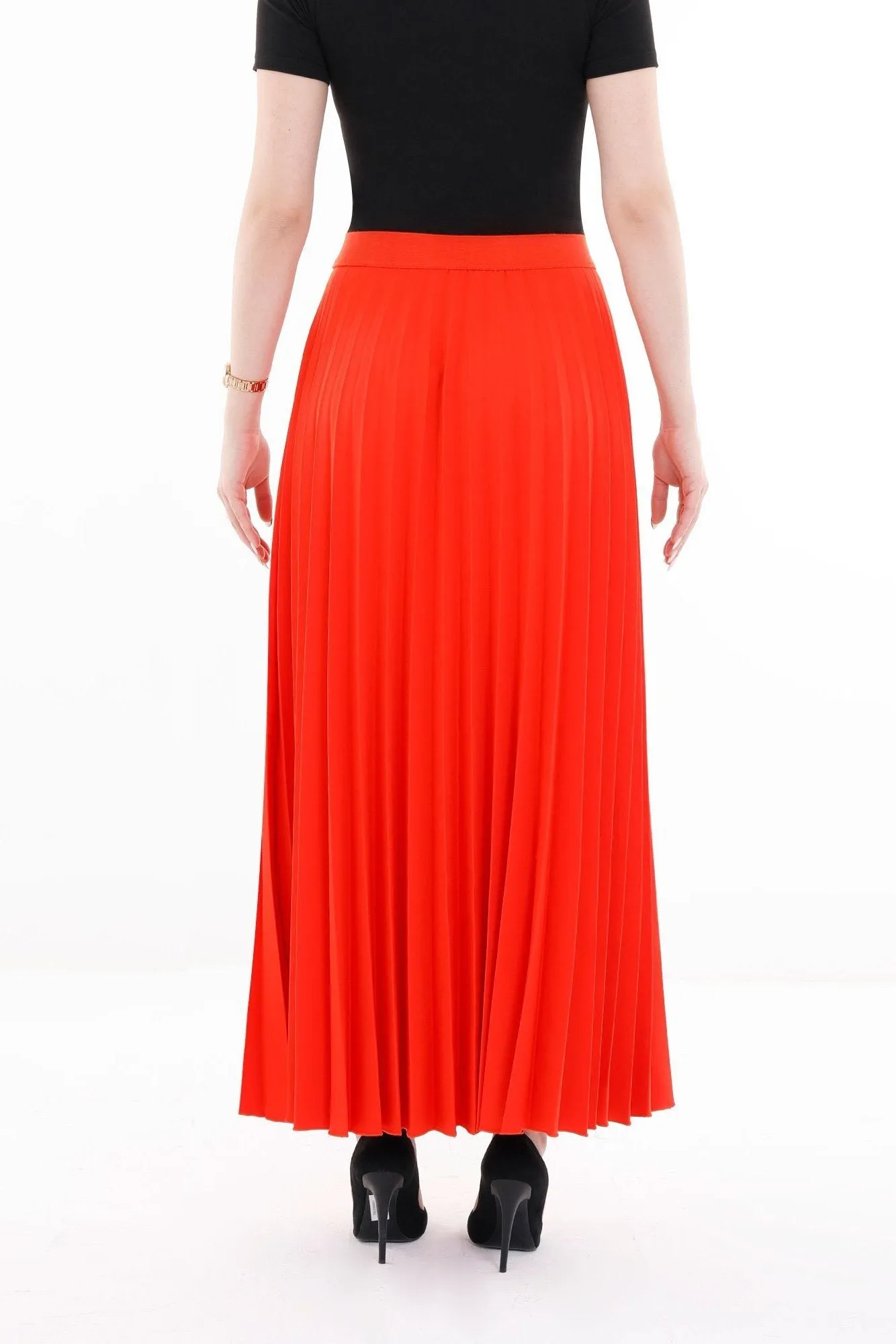 Pleated Maxi Skirt Elastic Waist Band Ankle Length Plisse Skirt