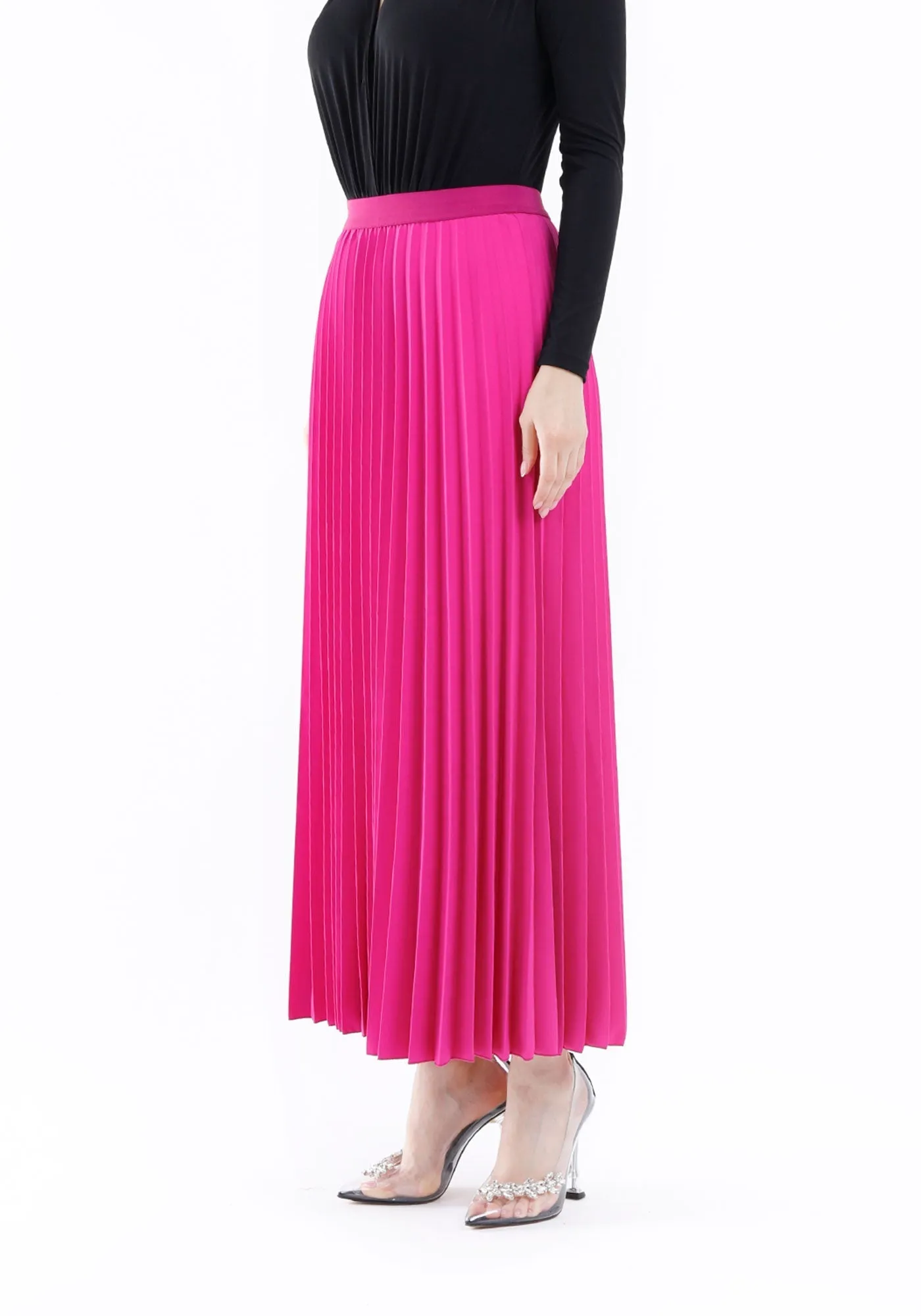 Pleated Maxi Skirt Elastic Waist Band Ankle Length Plisse Skirt