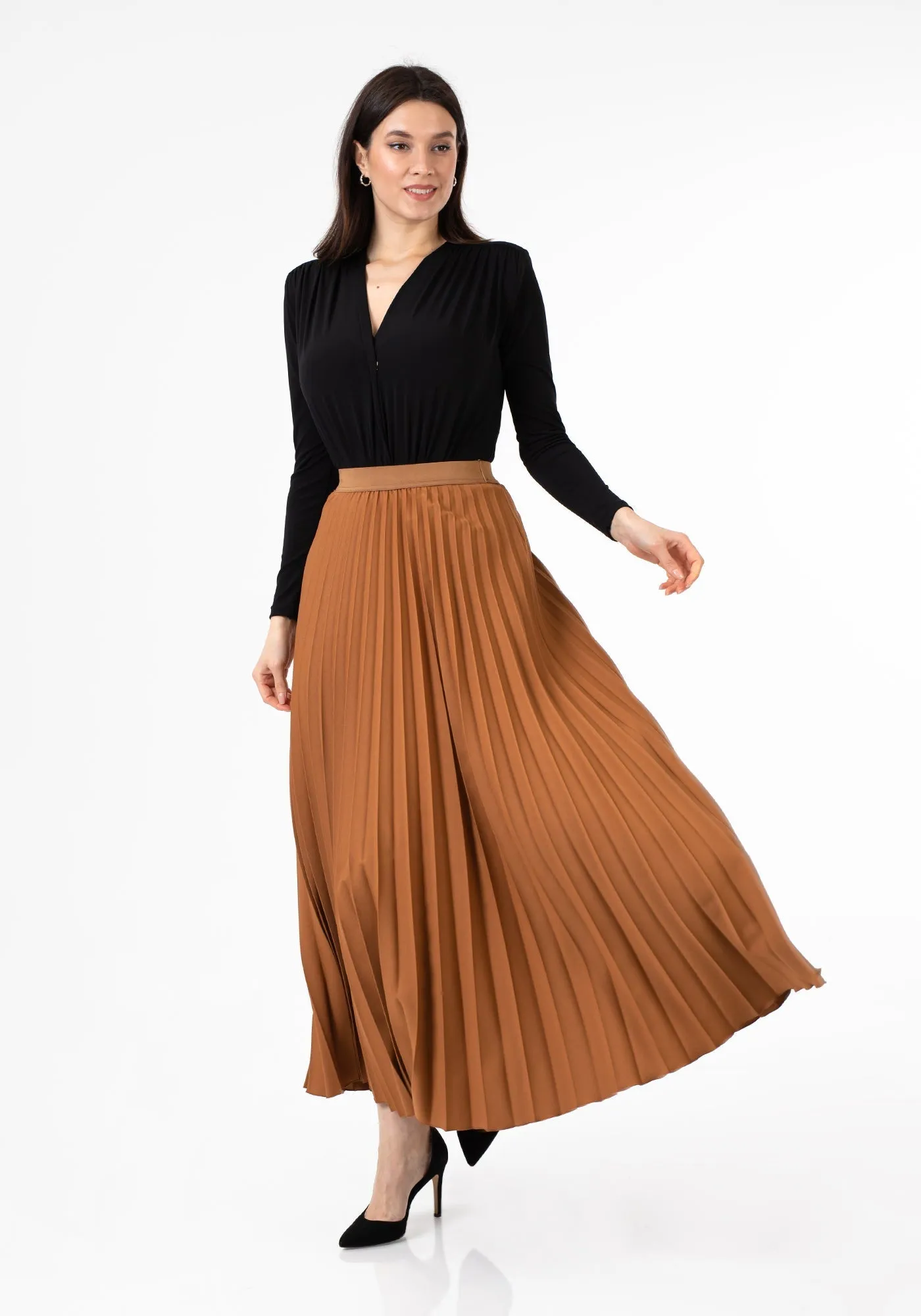 Pleated Maxi Skirt Elastic Waist Band Ankle Length Plisse Skirt