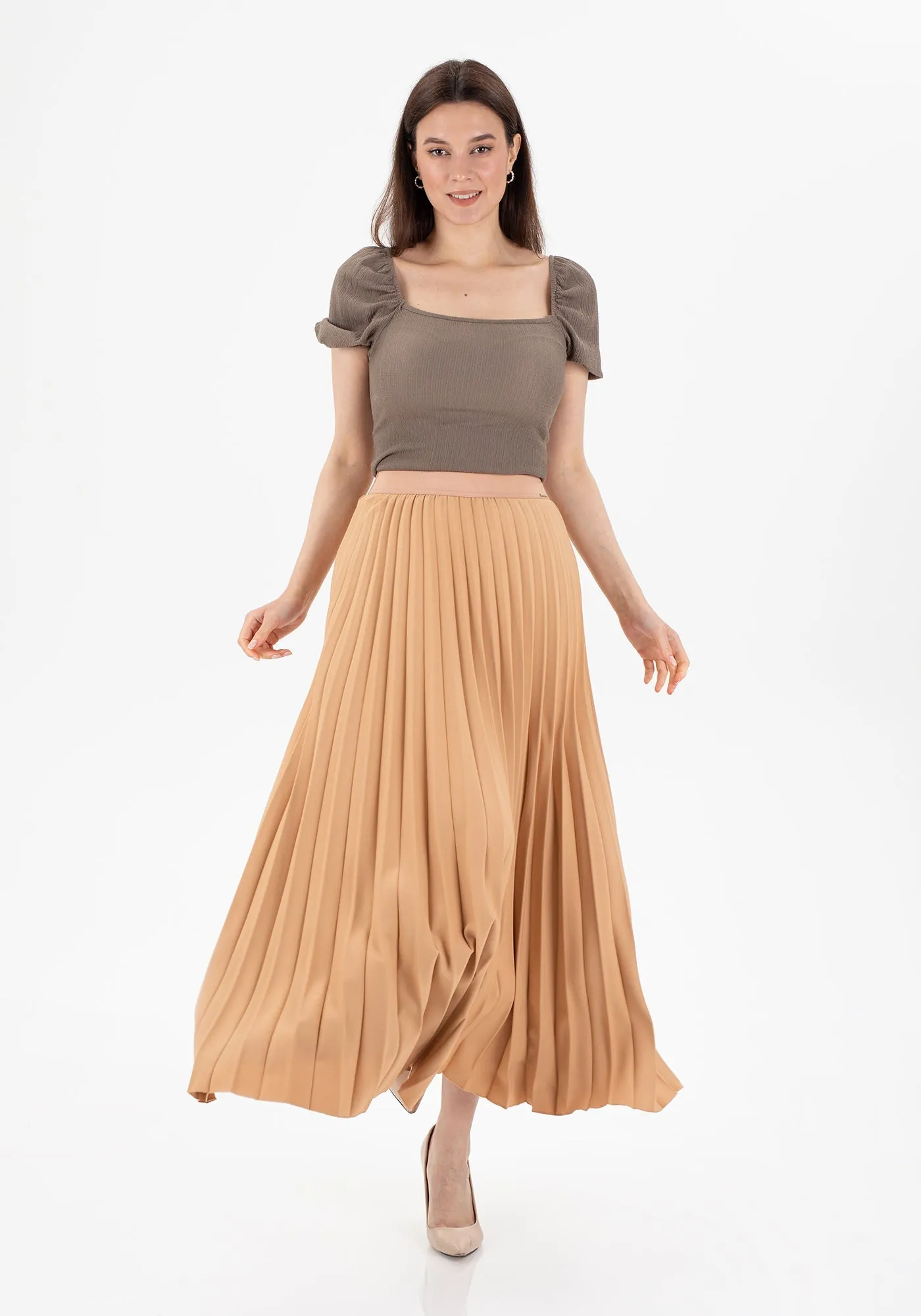 Pleated Maxi Skirt Elastic Waist Band Ankle Length Plisse Skirt