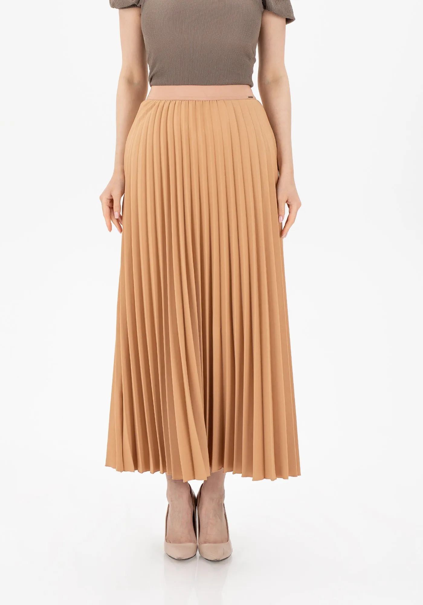 Pleated Maxi Skirt Elastic Waist Band Ankle Length Plisse Skirt