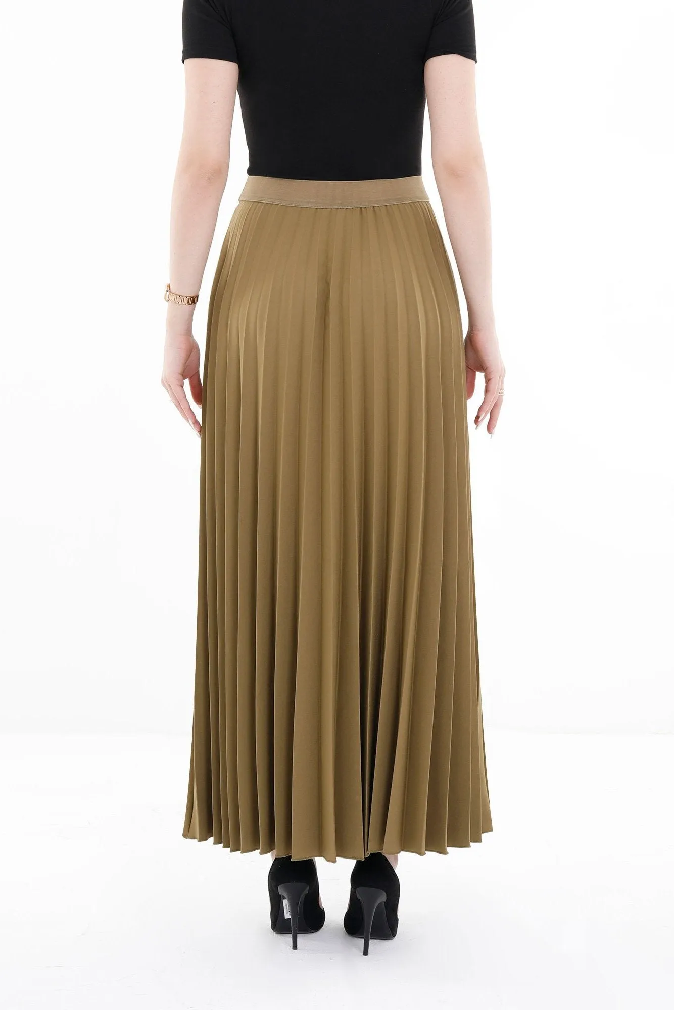 Pleated Maxi Skirt Elastic Waist Band Ankle Length Plisse Skirt