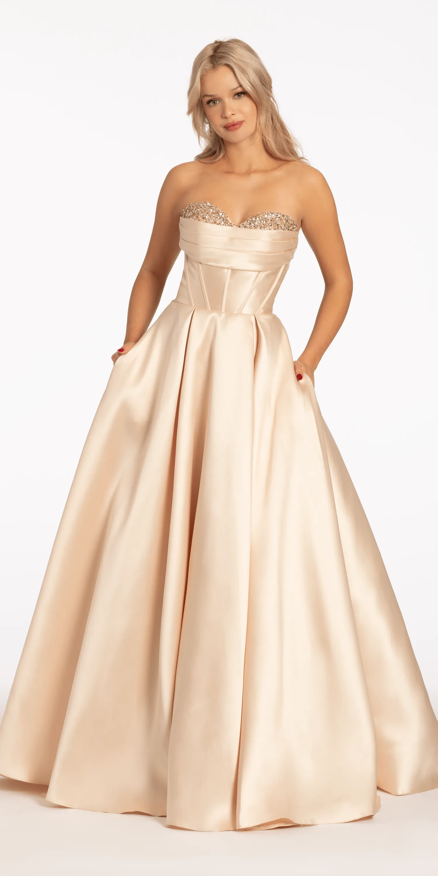 Pleated Mikado Beaded Ballgown with Pockets